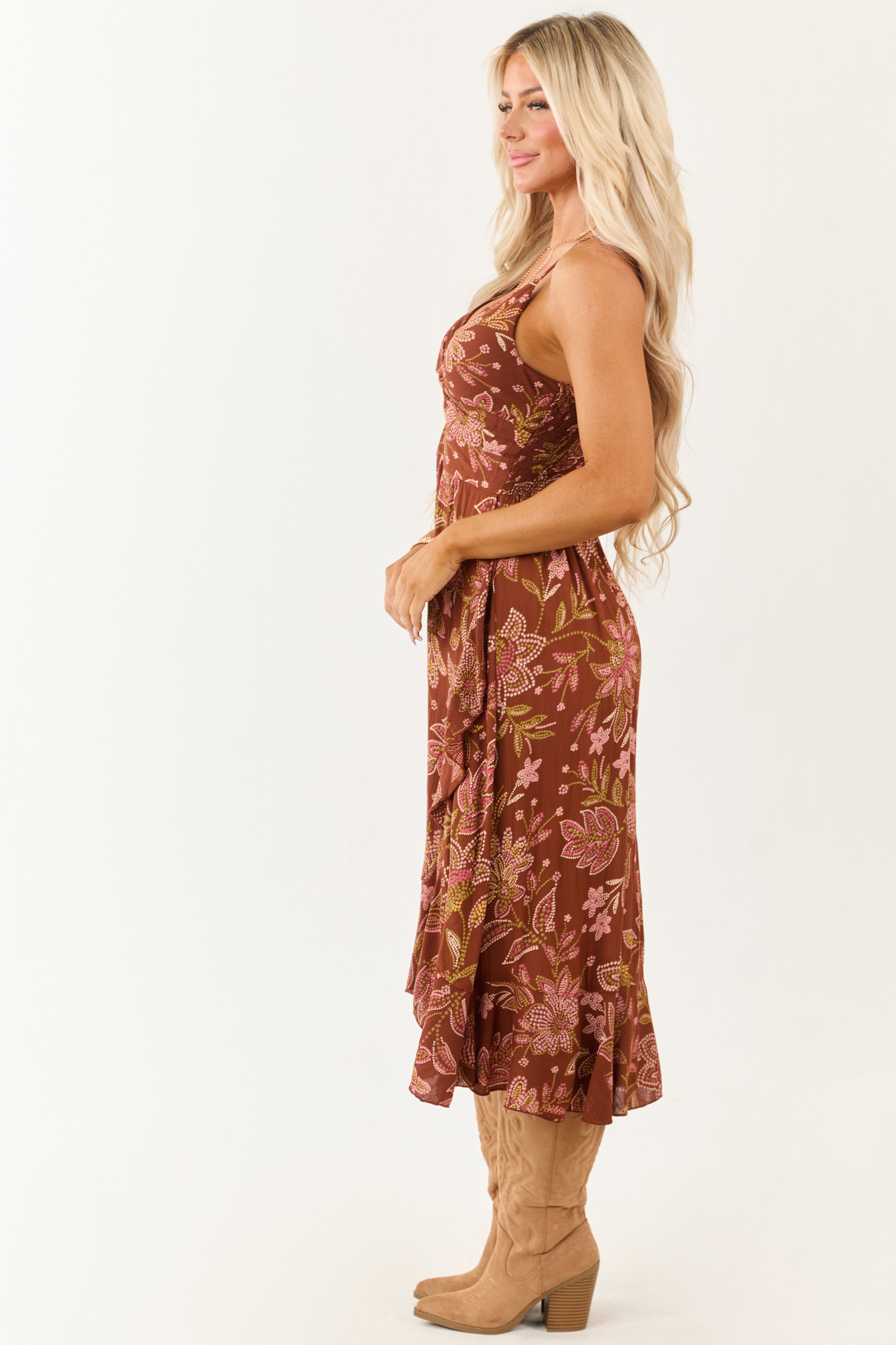 Sepia Floral Print Front Twist Sleeveless Midi Dress