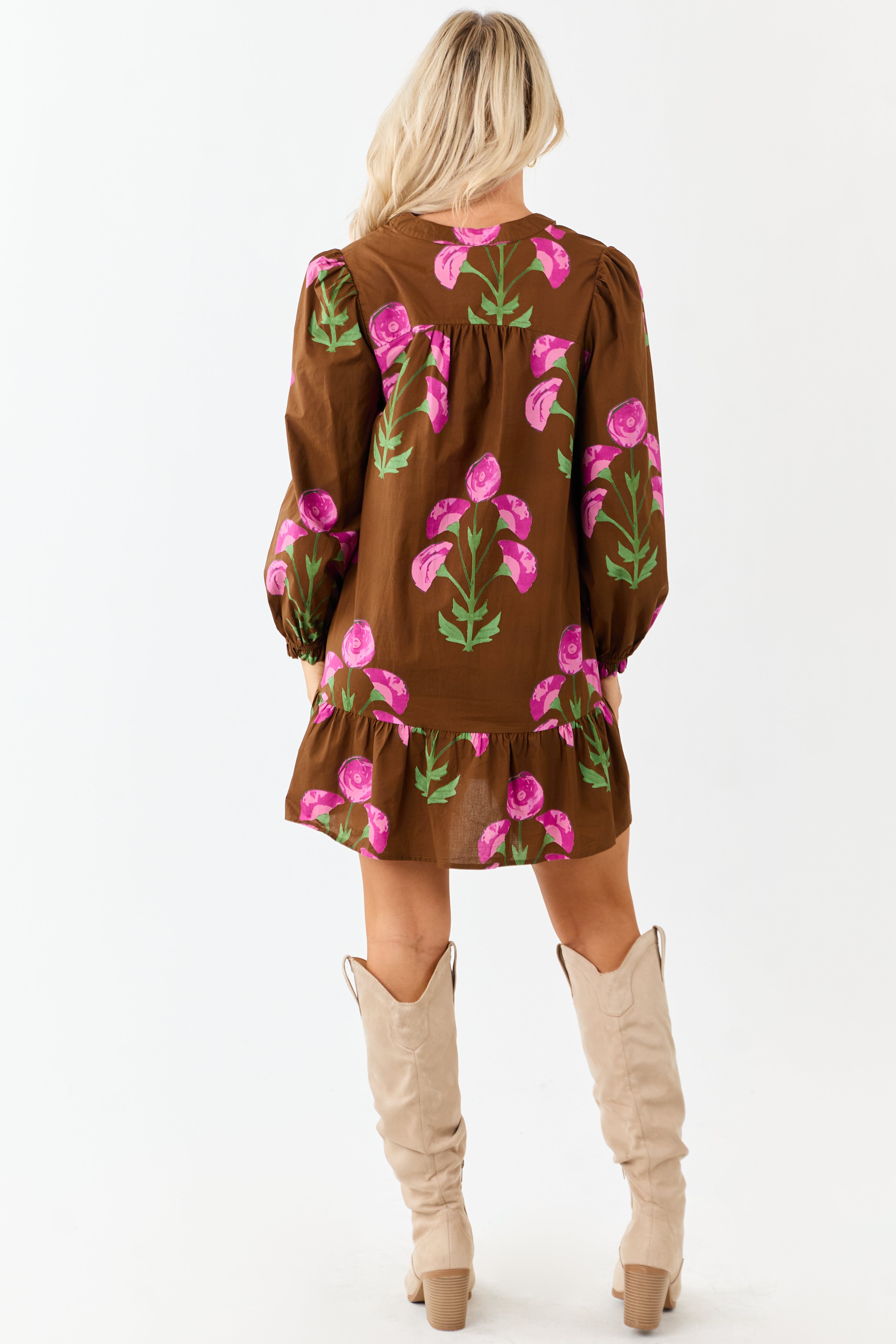 Sepia Floral Print Long Sleeve Cotton Mini Dress