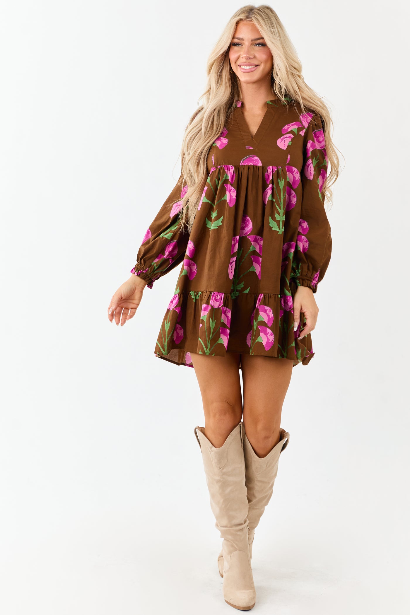 Sepia Floral Print Long Sleeve Cotton Mini Dress