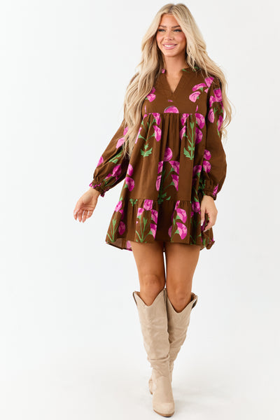 Sepia Floral Print Long Sleeve Cotton Mini Dress