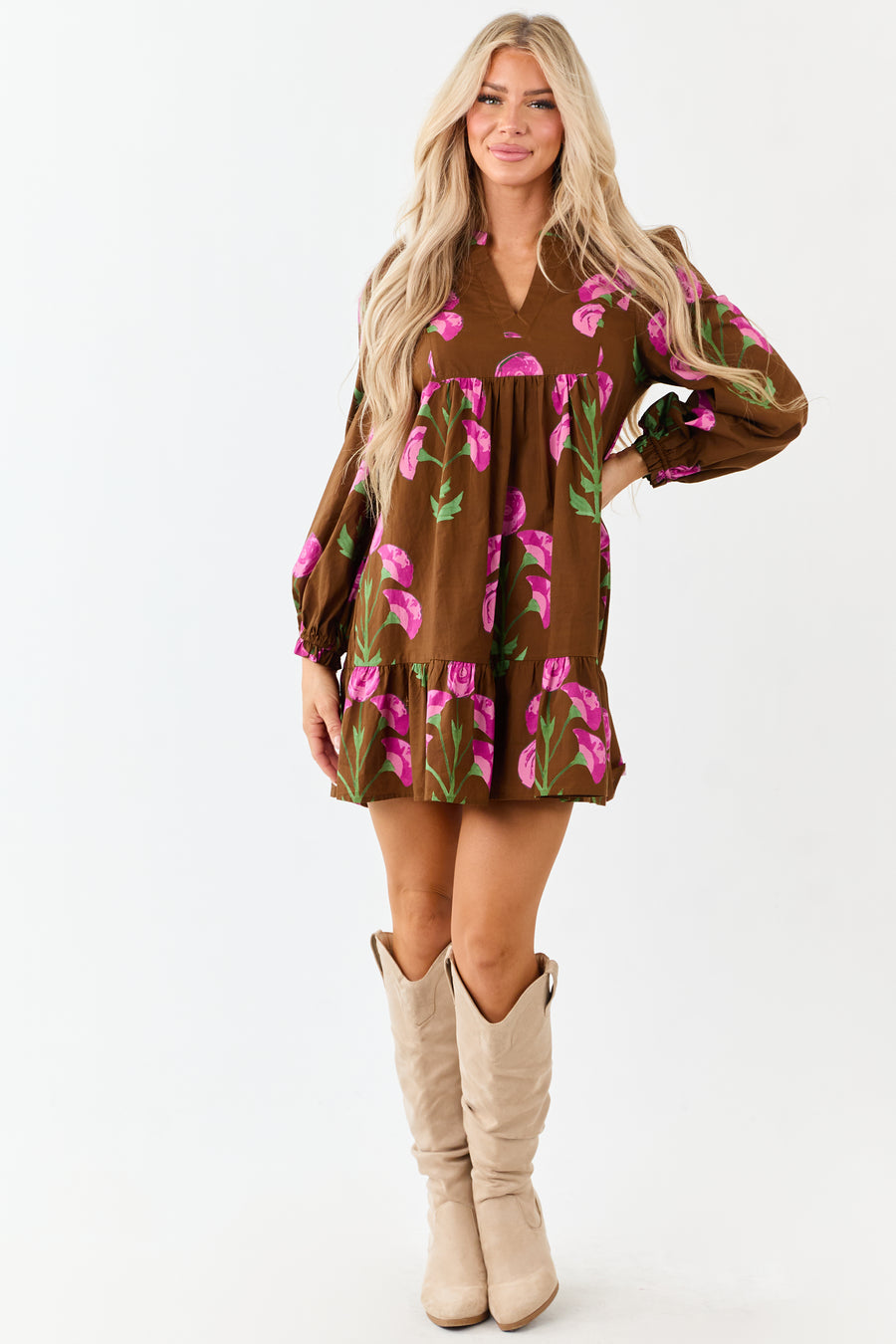 Sepia Floral Print Long Sleeve Cotton Mini Dress