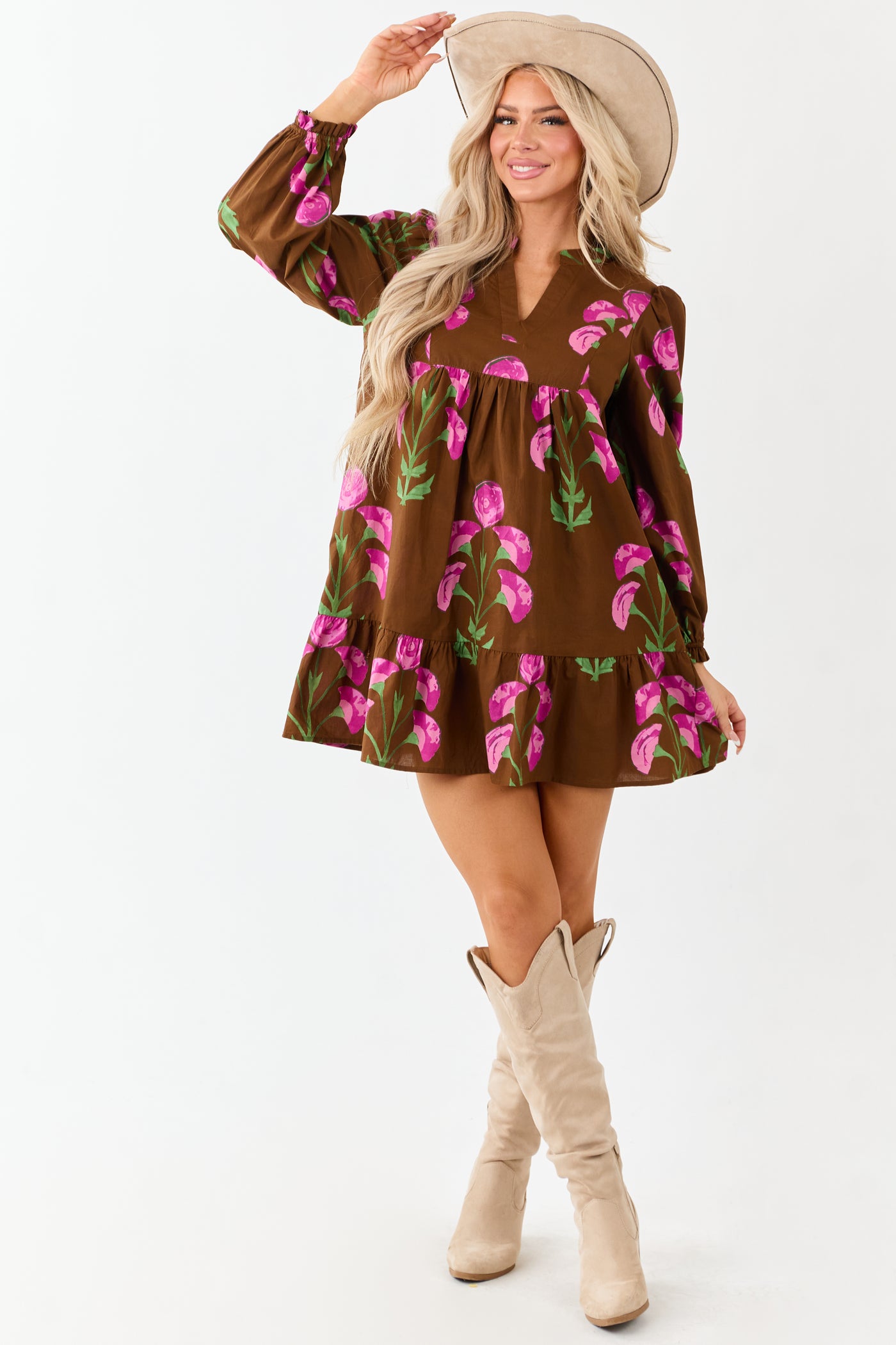 Sepia Floral Print Long Sleeve Cotton Mini Dress