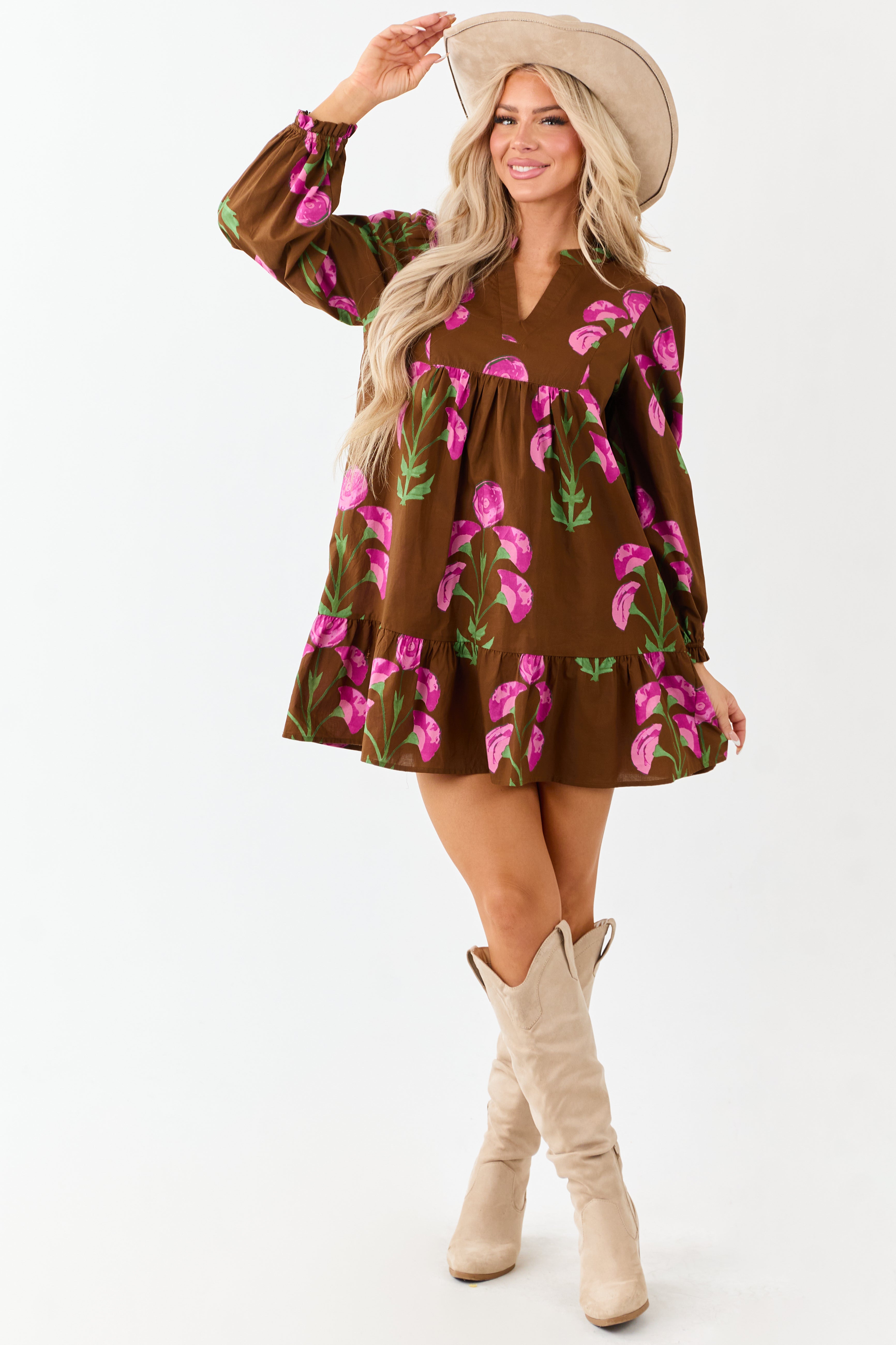 Sepia Floral Print Long Sleeve Cotton Mini Dress
