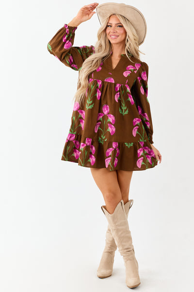 Sepia Floral Print Long Sleeve Cotton Mini Dress