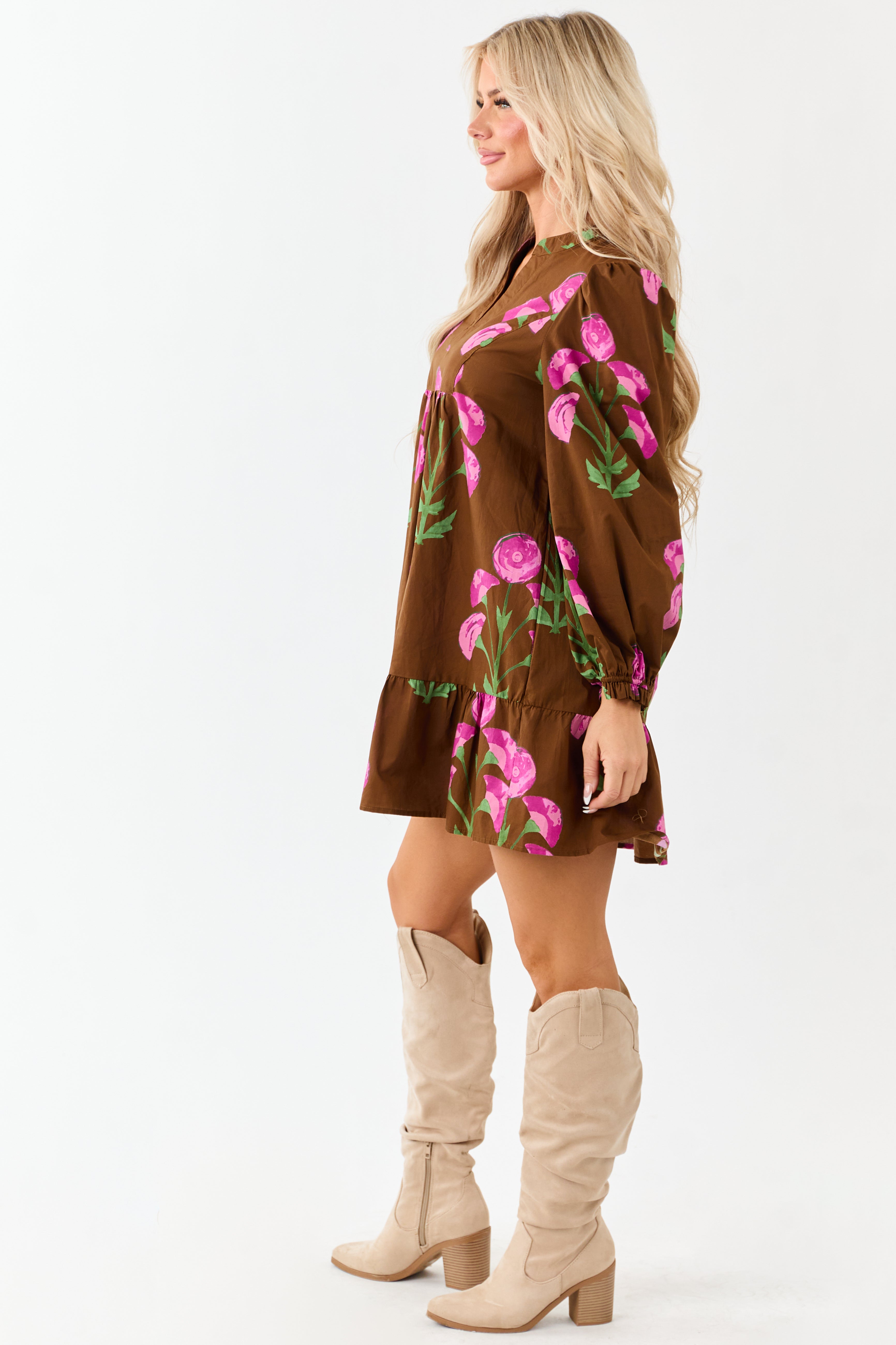 Sepia Floral Print Long Sleeve Cotton Mini Dress