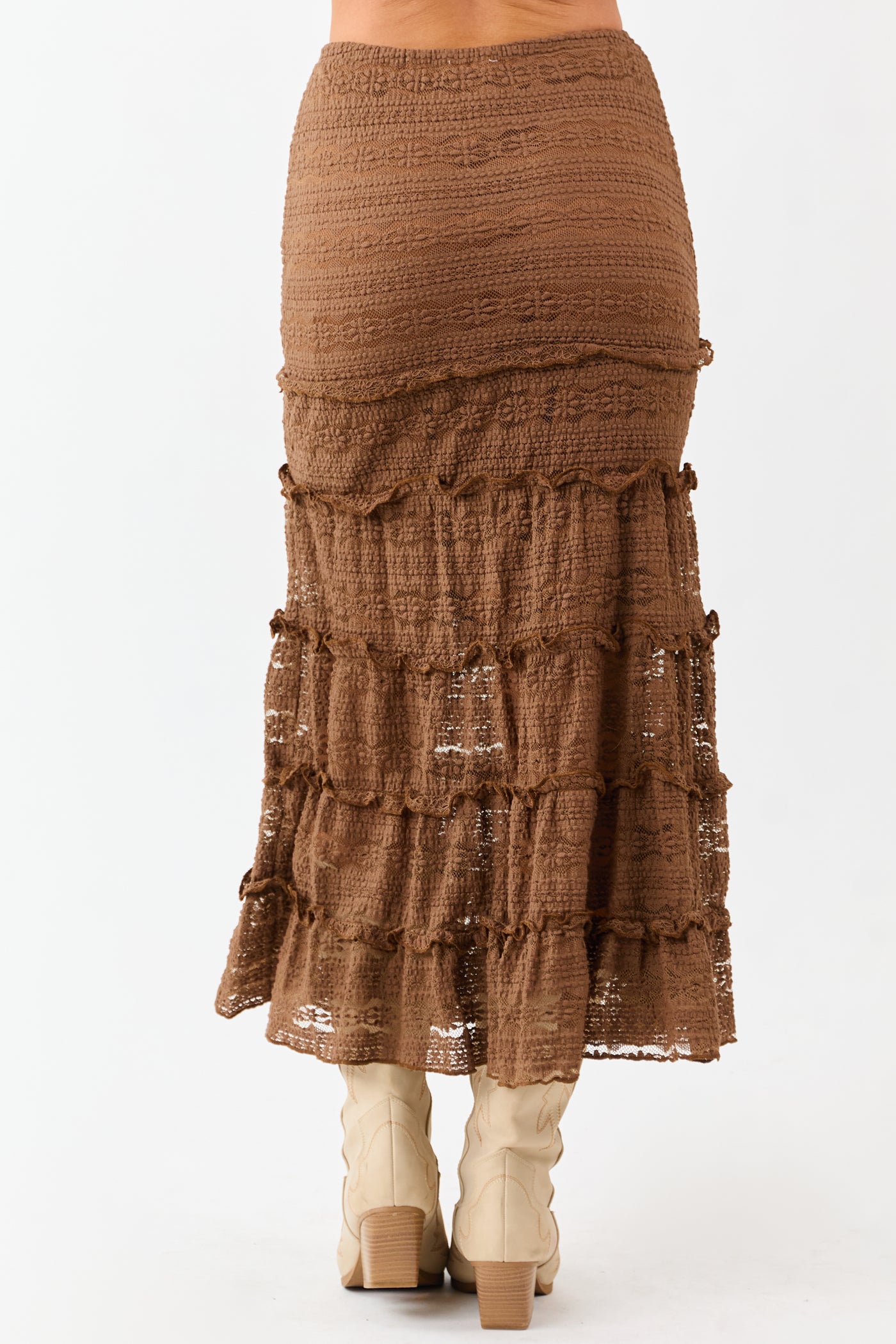 Sepia Lace Tiered Ruffle Trim Mermaid Midi Skirt