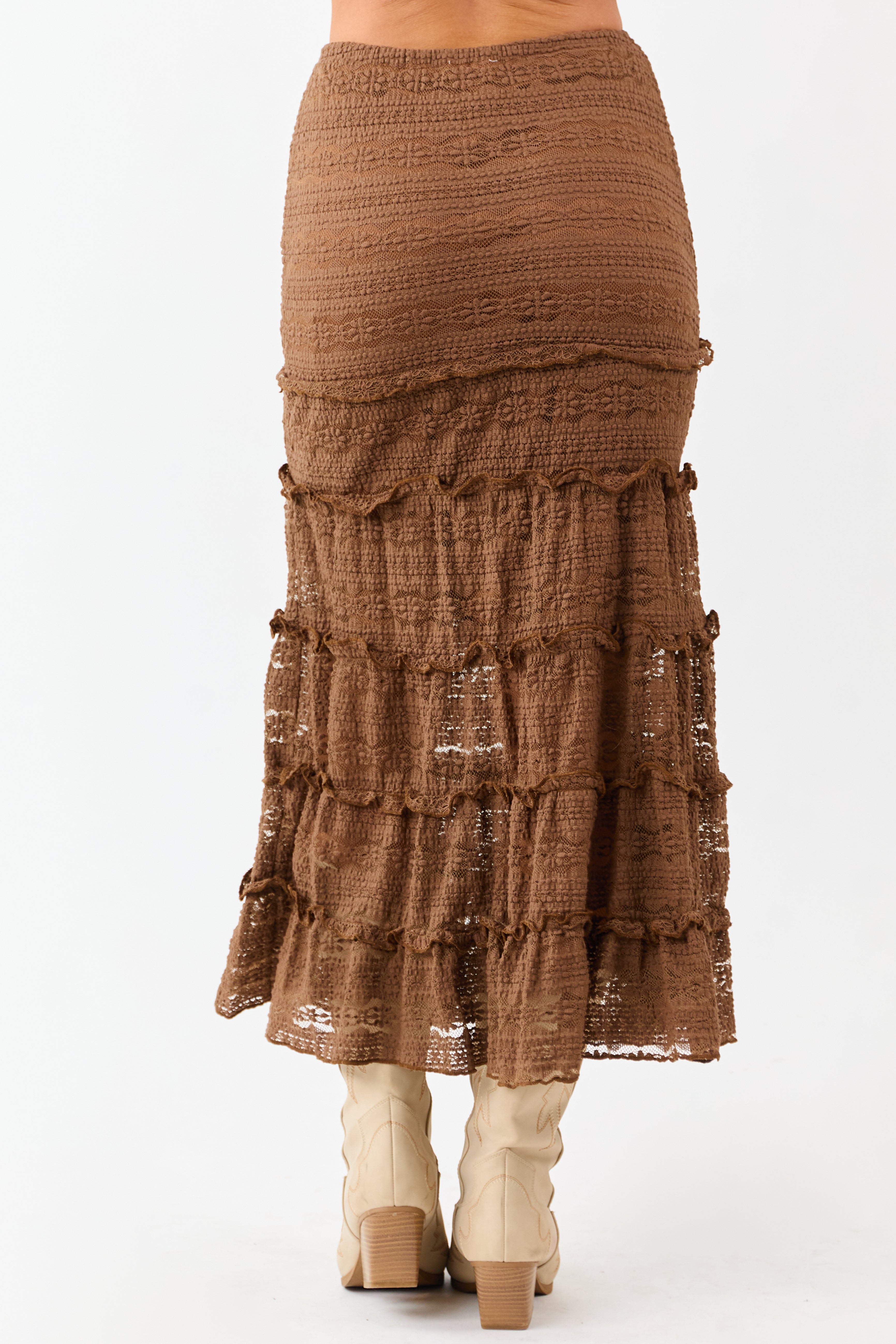 Sepia Lace Tiered Ruffle Trim Mermaid Midi Skirt