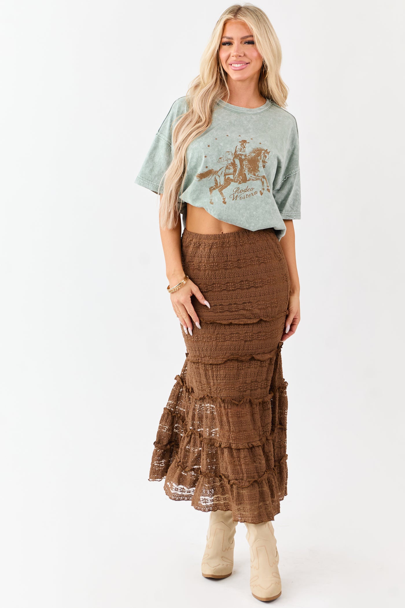 Sepia Lace Tiered Ruffle Trim Mermaid Midi Skirt