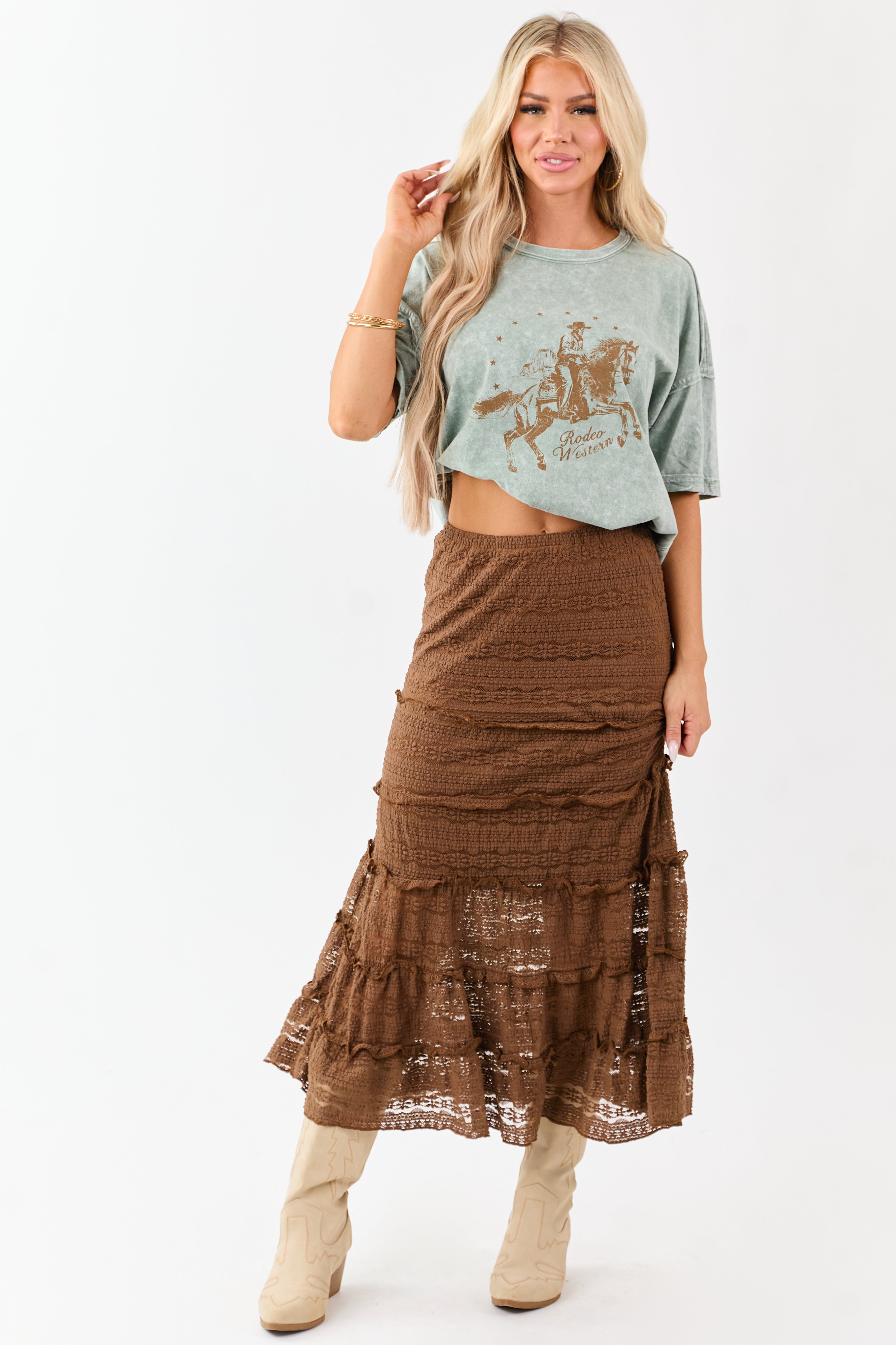 Sepia Lace Tiered Ruffle Trim Mermaid Midi Skirt