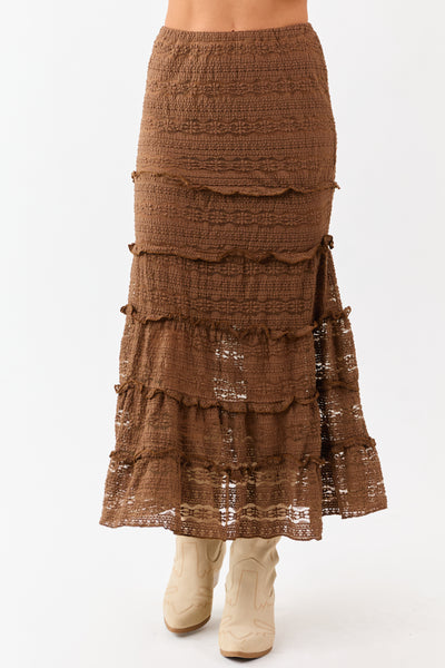Sepia Lace Tiered Ruffle Trim Mermaid Midi Skirt