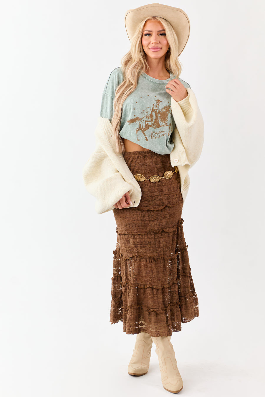 Sepia Lace Tiered Ruffle Trim Mermaid Midi Skirt