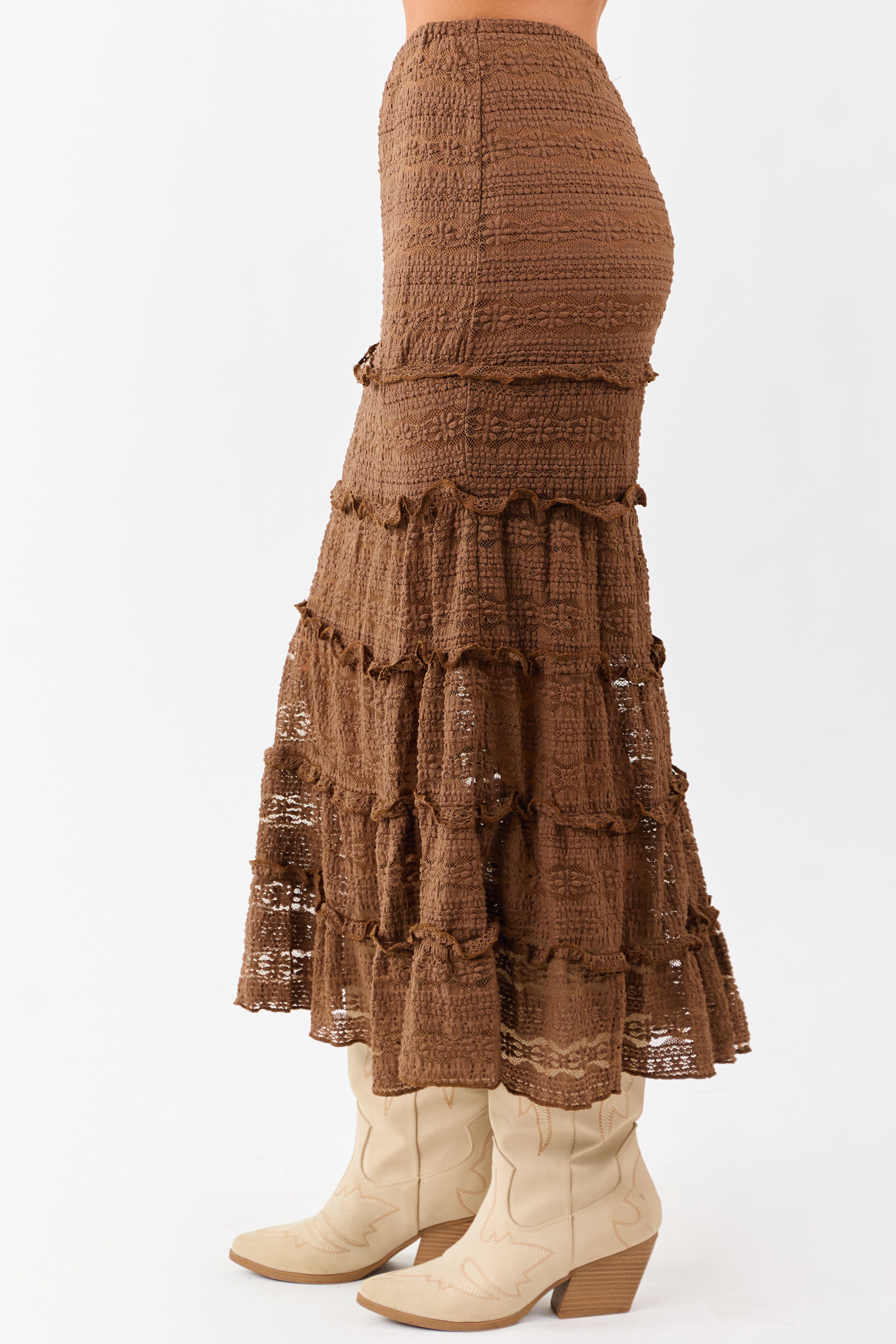 Sepia Lace Tiered Ruffle Trim Mermaid Midi Skirt