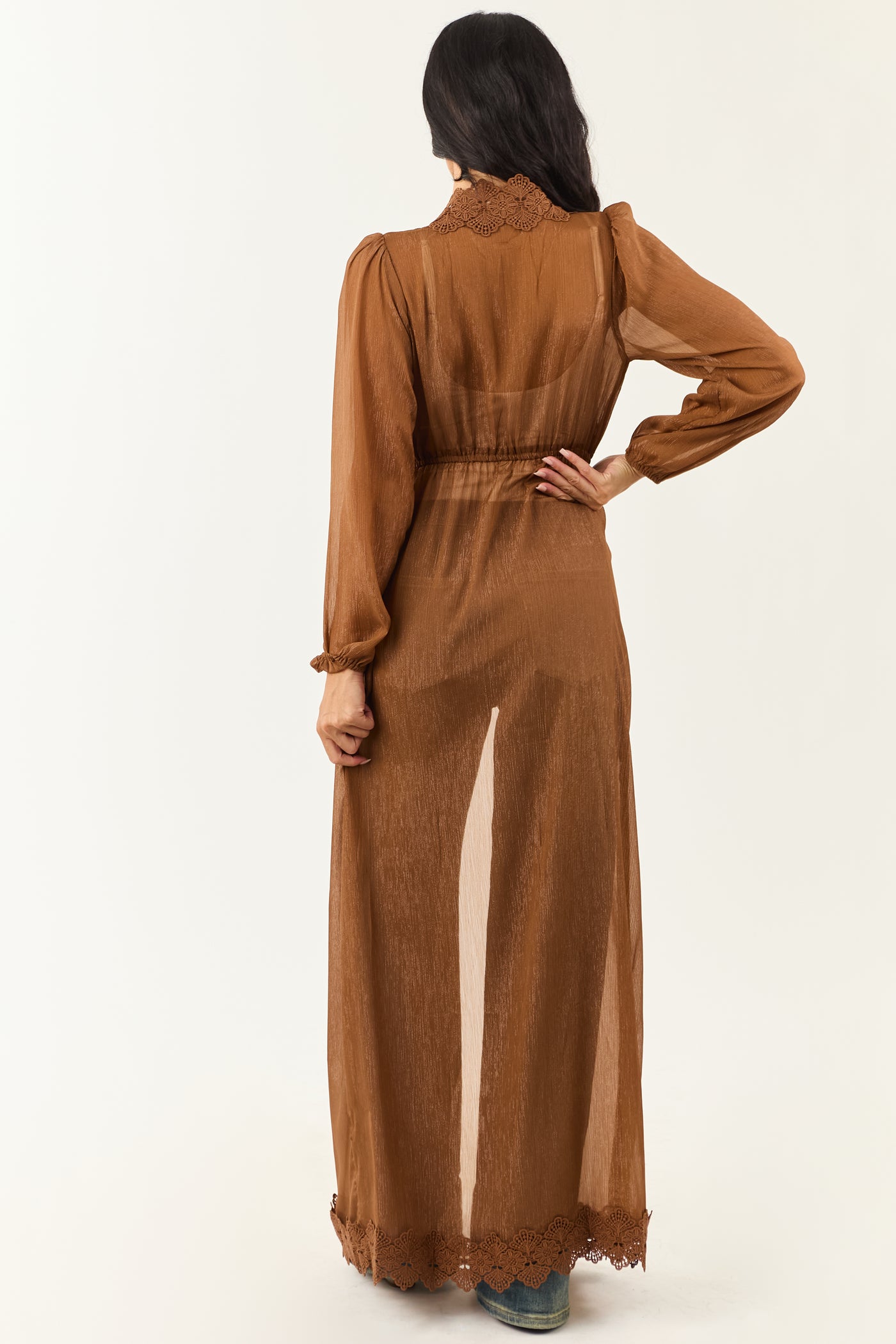 Sepia Lace Trim Tie Front Chiffon Duster Cardigan
