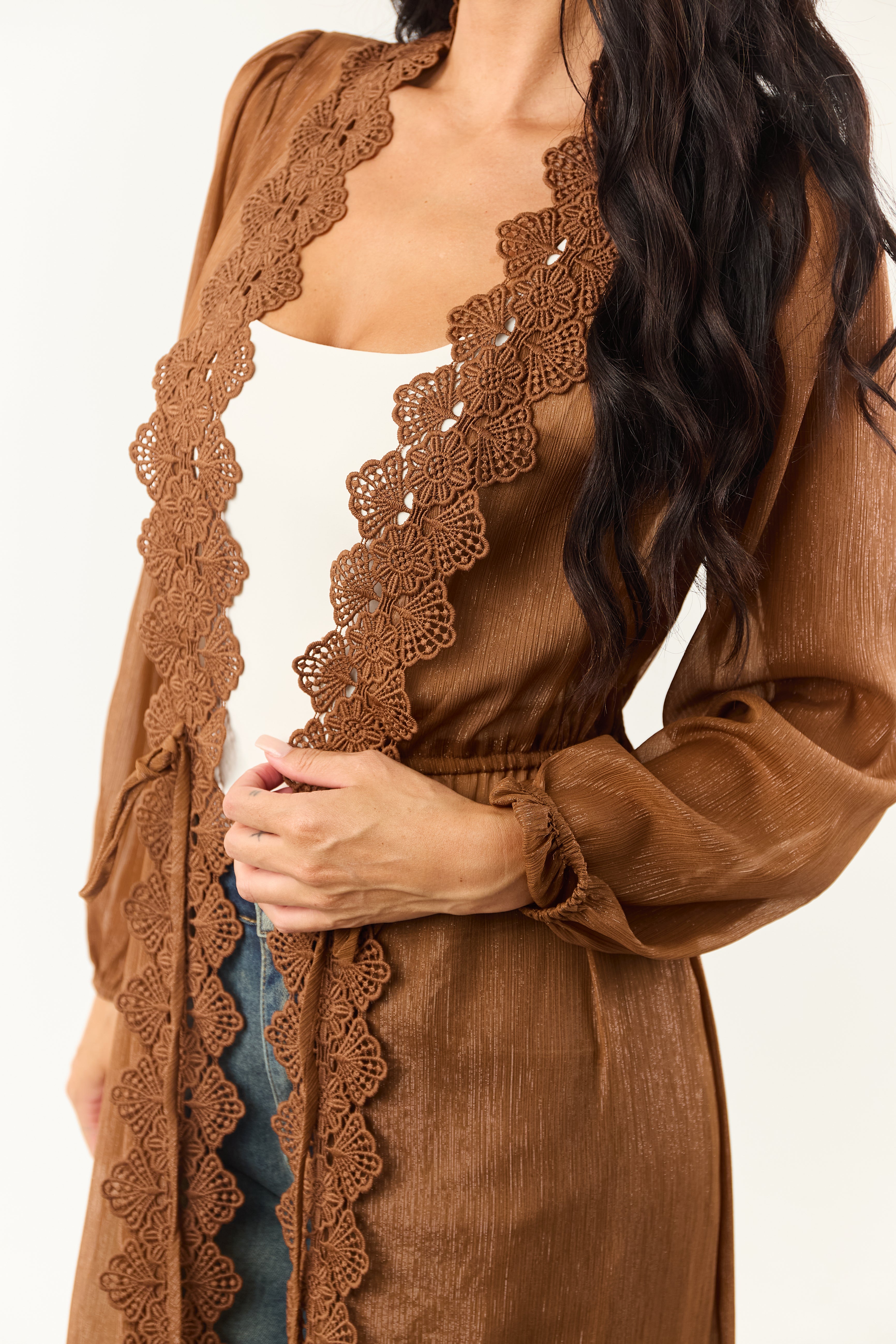 Sepia Lace Trim Tie Front Chiffon Duster Cardigan