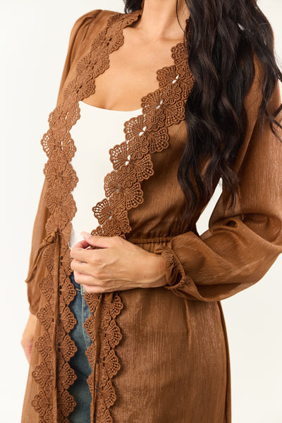 Sepia Lace Trim Tie Front Chiffon Duster Cardigan