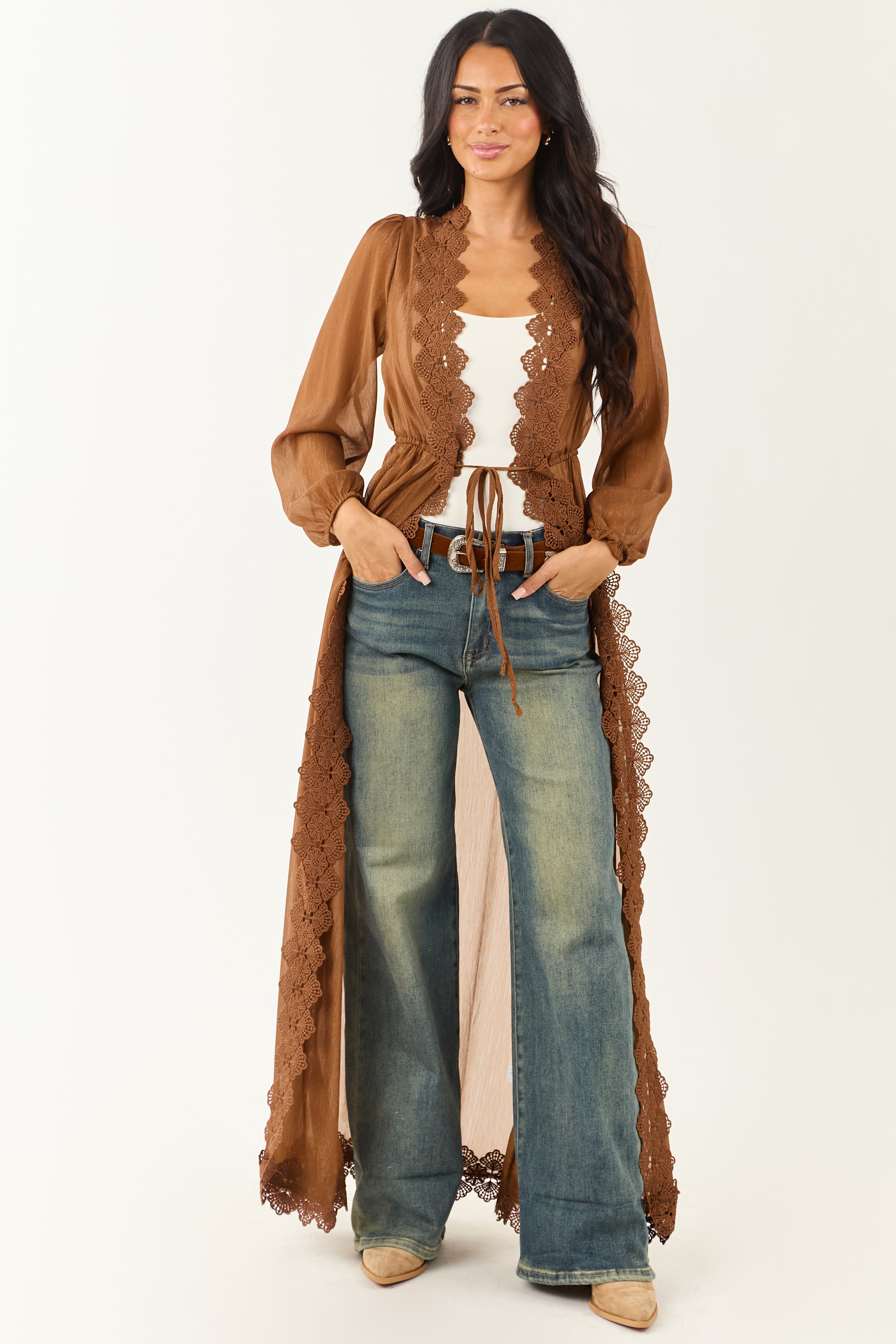 Sepia Lace Trim Tie Front Chiffon Duster Cardigan