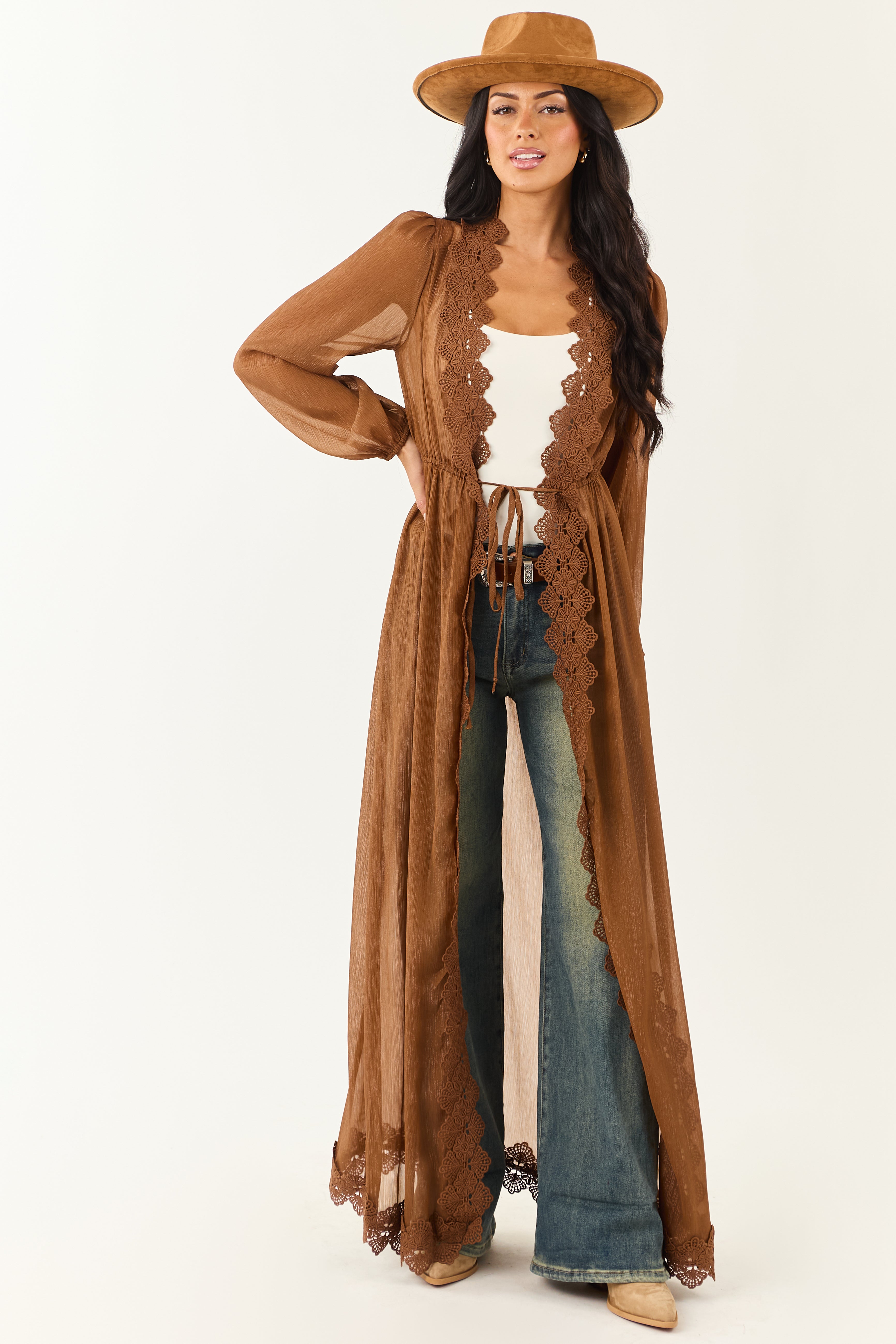 Sepia Lace Trim Tie Front Chiffon Duster Cardigan