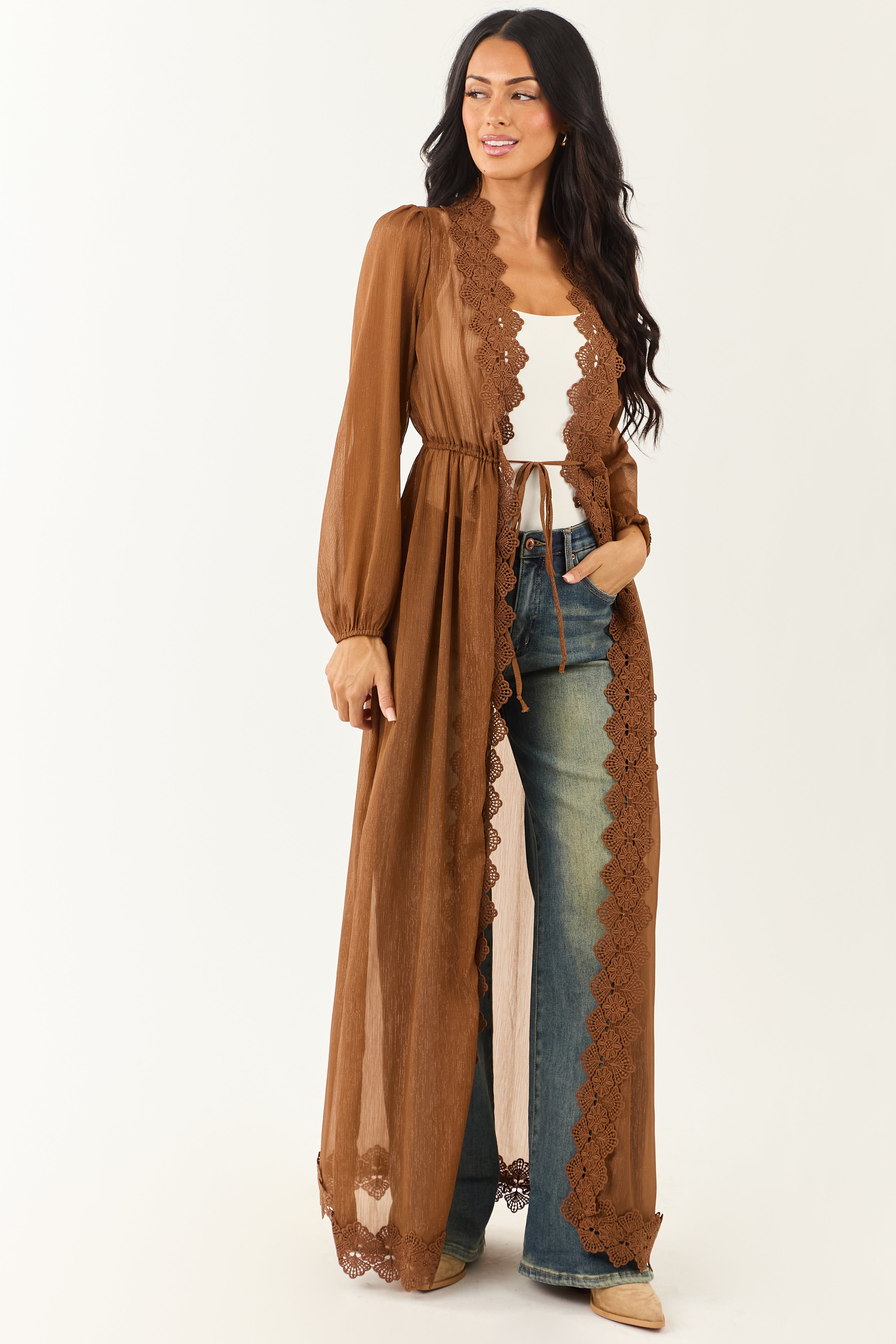 Sepia Lace Trim Tie Front Chiffon Duster Cardigan | Lime Lush Boutique