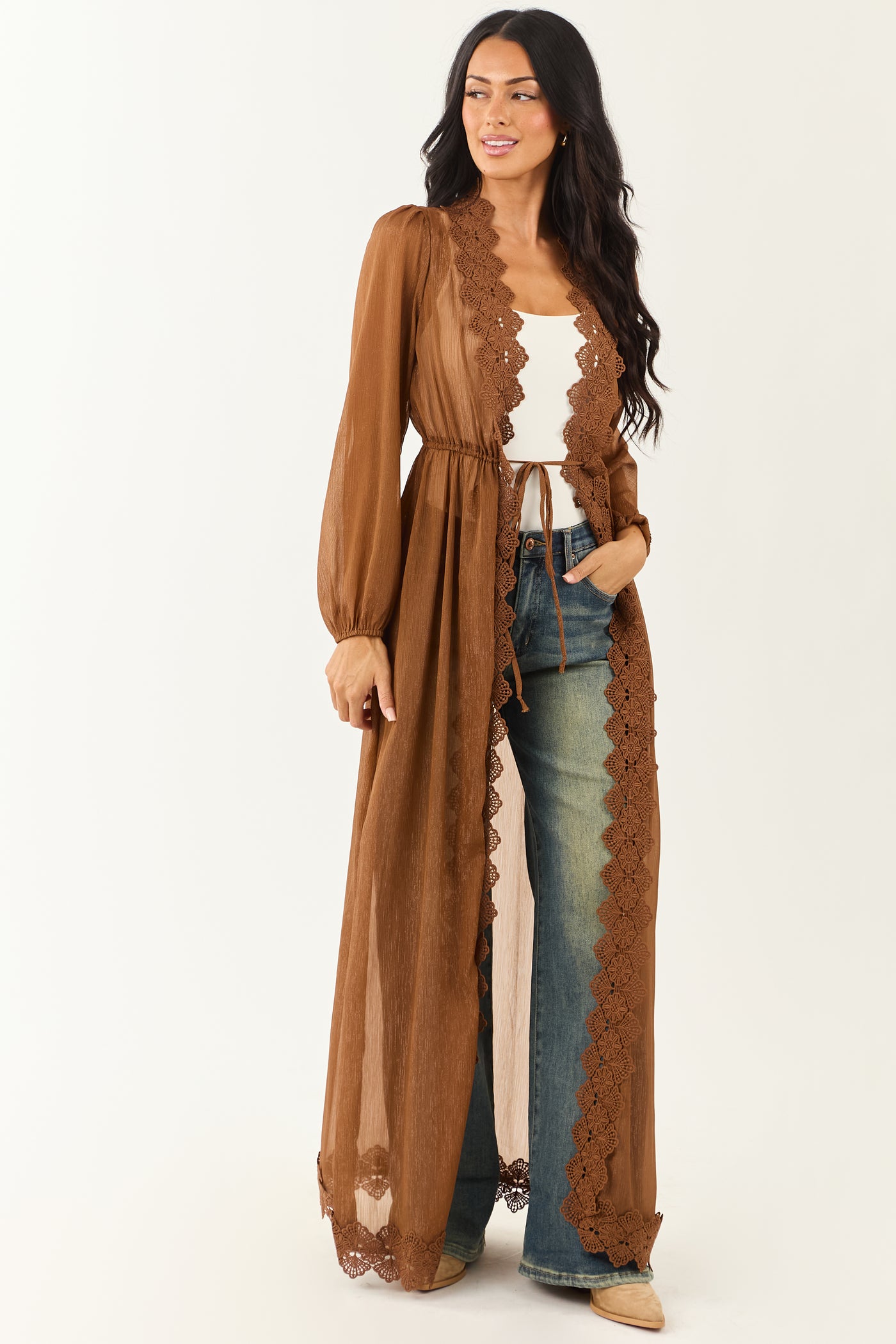 Sepia Lace Trim Tie Front Chiffon Duster Cardigan
