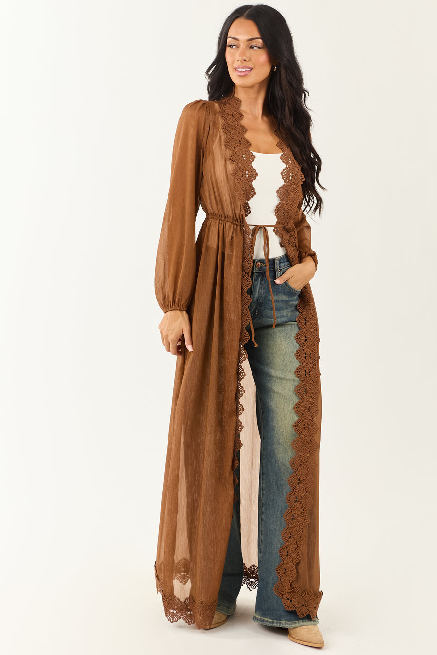 Sepia Lace Trim Tie Front Chiffon Duster Cardigan