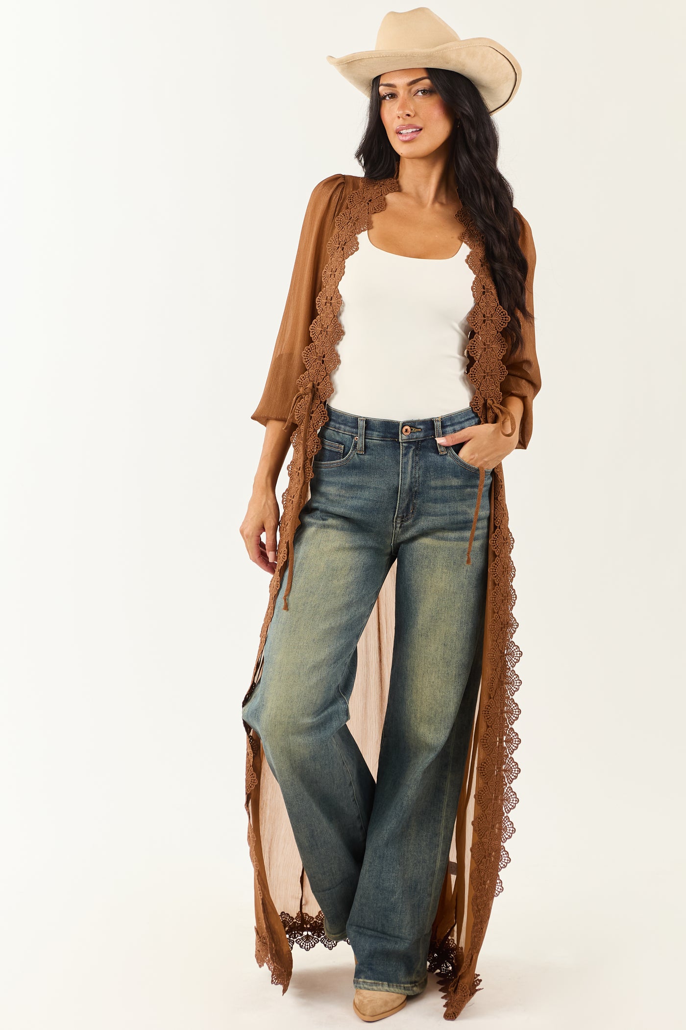 Sepia Lace Trim Tie Front Chiffon Duster Cardigan