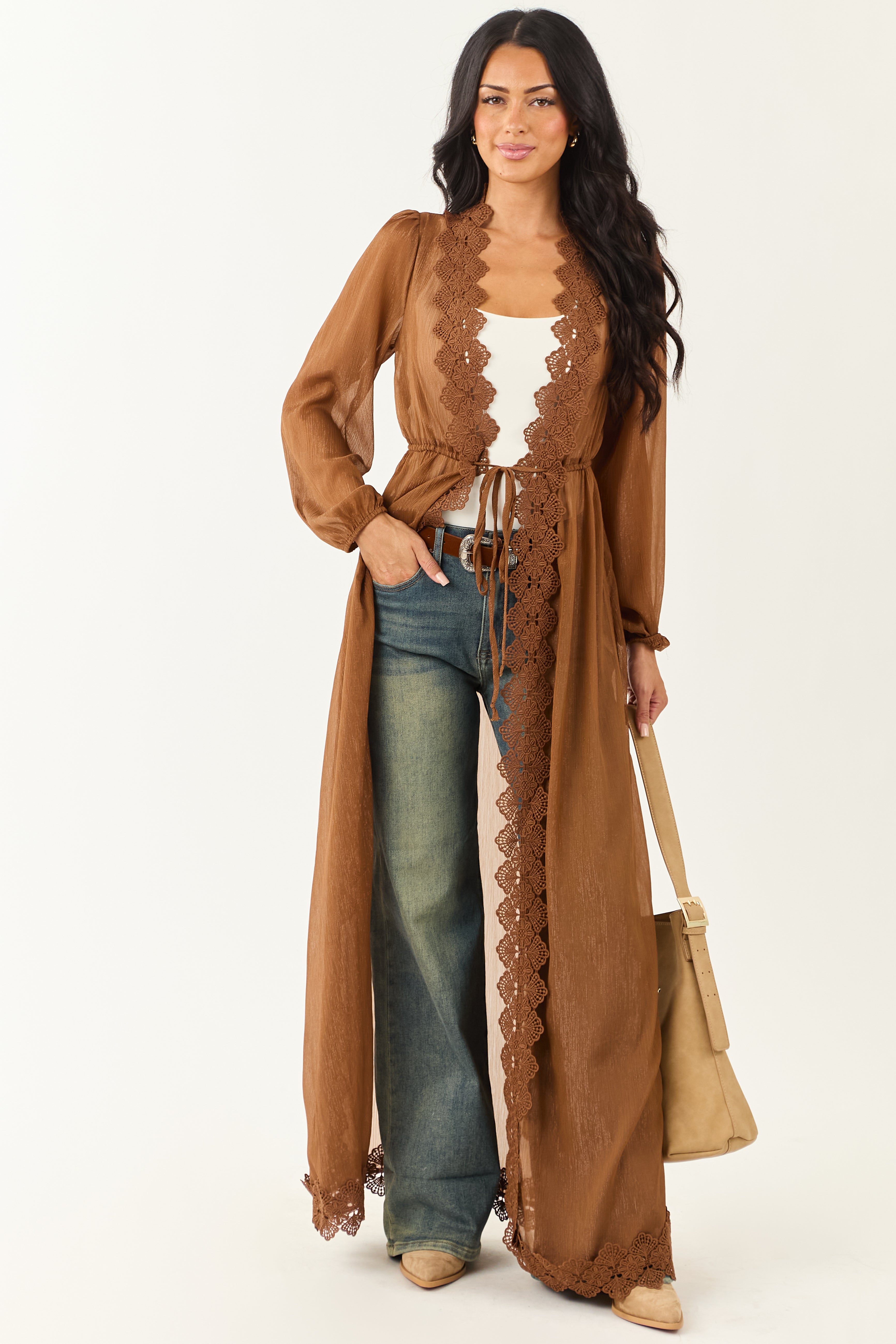 Sepia Lace Trim Tie Front Chiffon Duster Cardigan