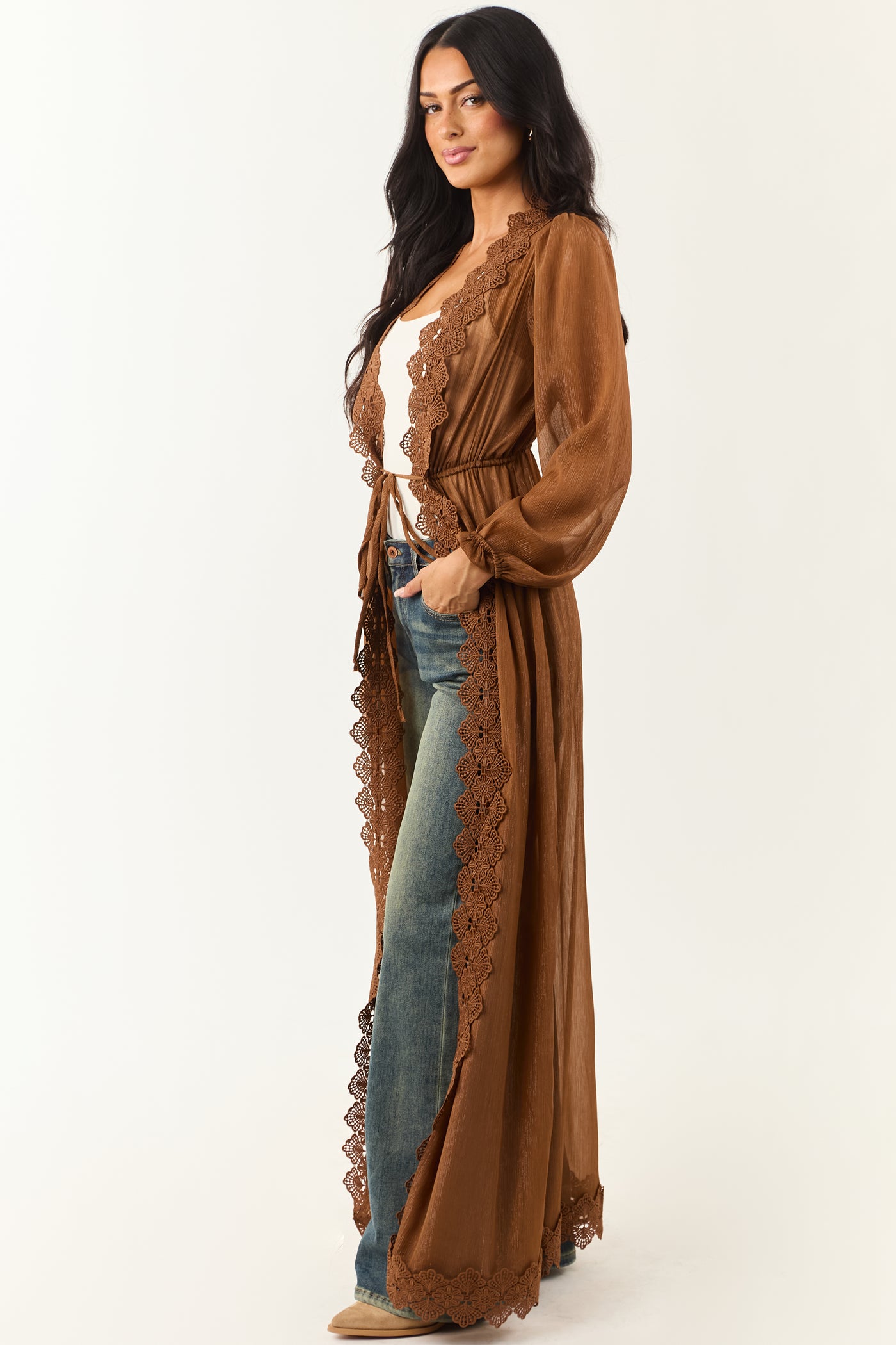 Sepia Lace Trim Tie Front Chiffon Duster Cardigan