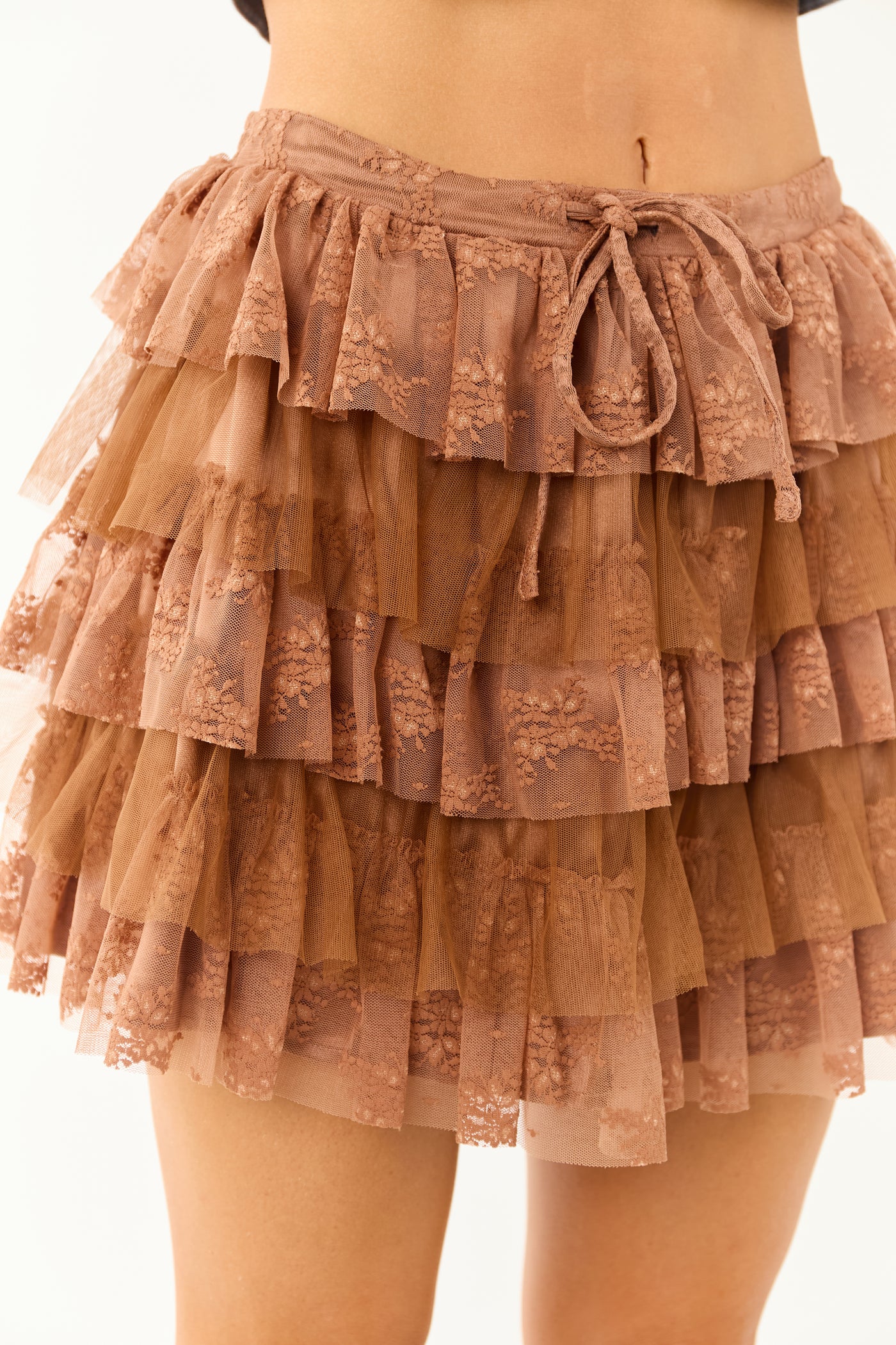 Sepia Lace and Tulle Layered Ruffle Mini Skirt