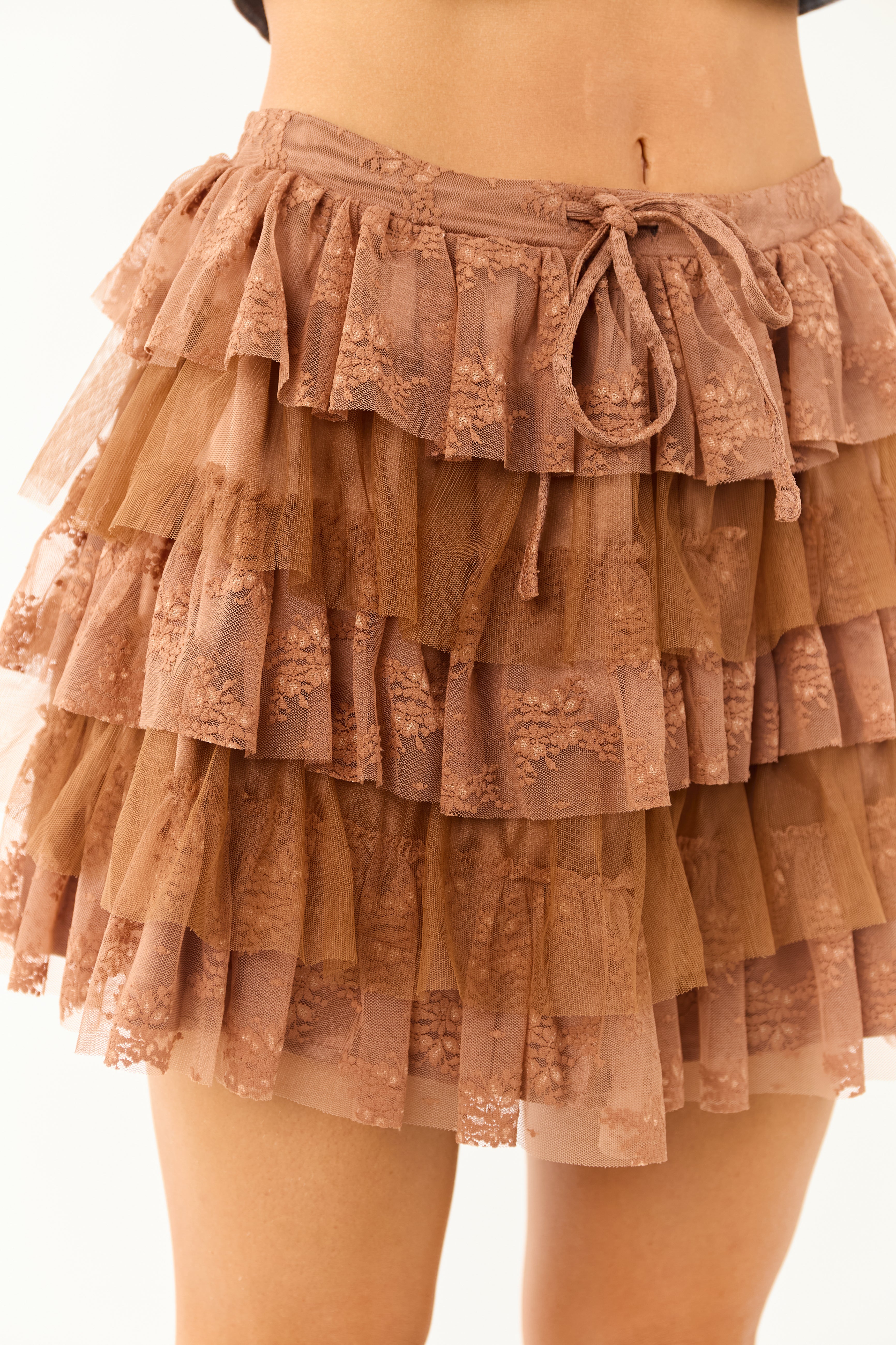 Sepia Lace and Tulle Layered Ruffle Mini Skirt