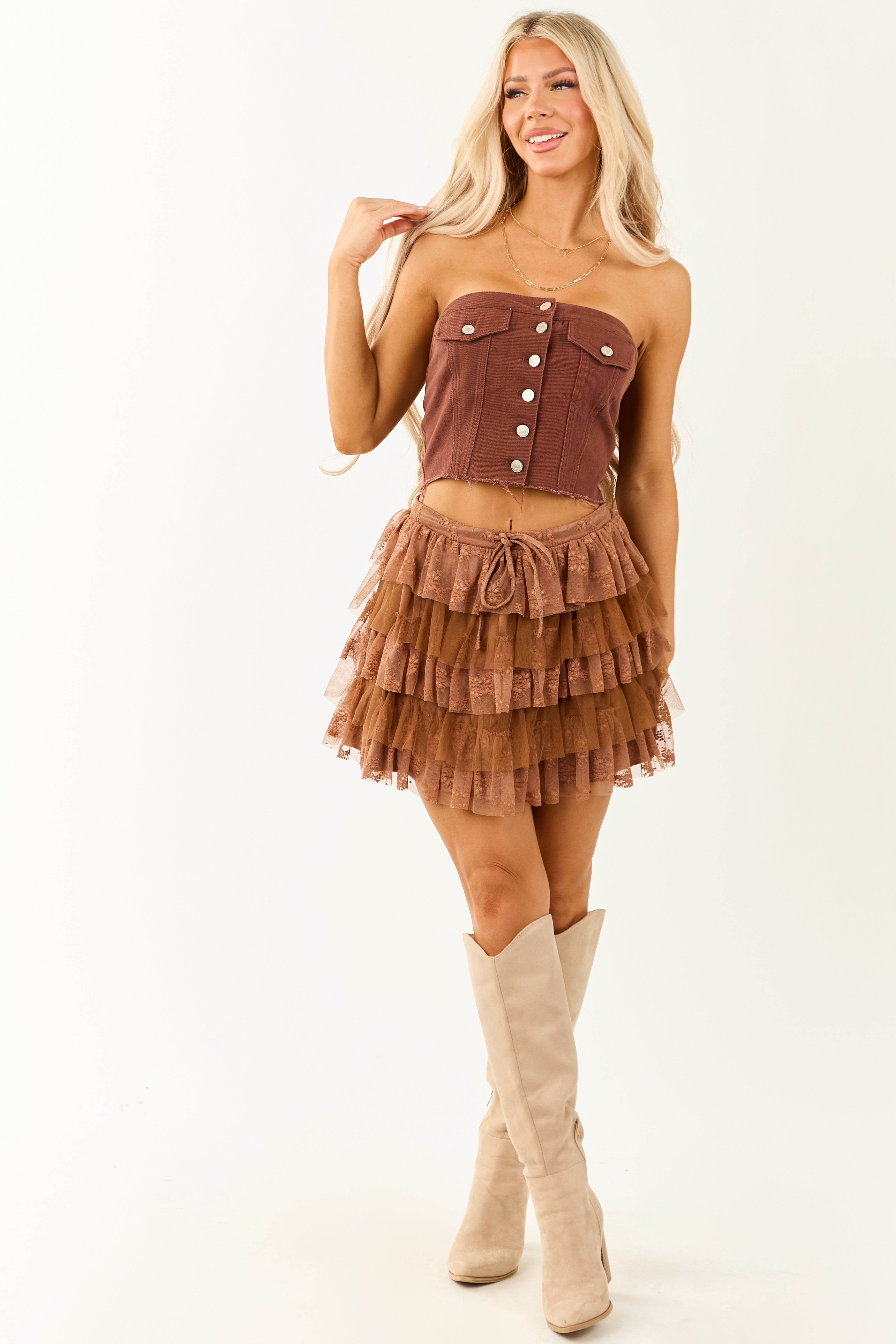 Sepia Lace and Tulle Layered Ruffle Mini Skirt