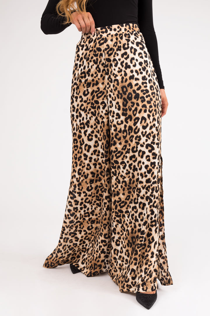 Sepia Leopard Print Flowy Slit Leg Pants