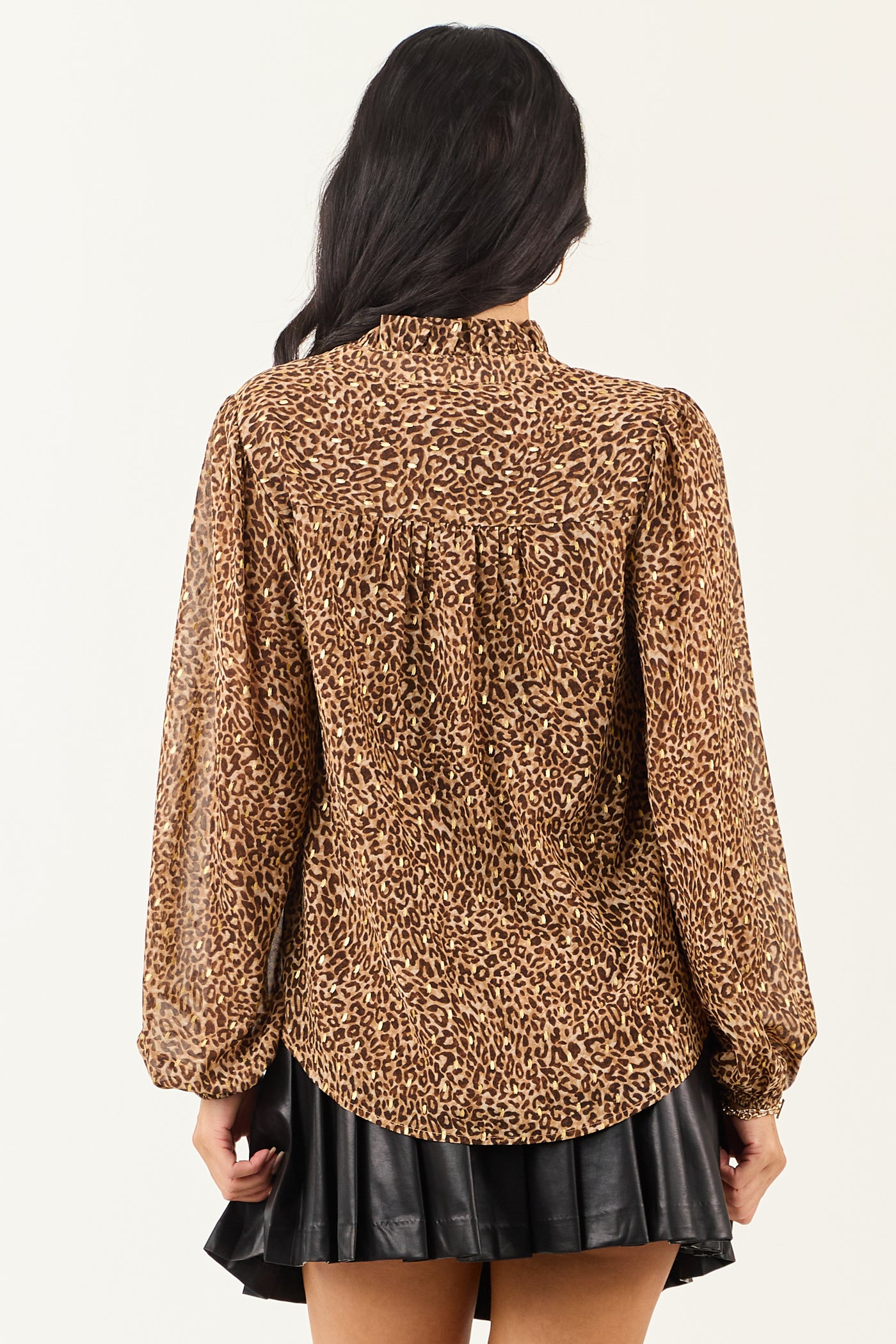 Sepia Leopard Print Long Sleeve Frilled Top