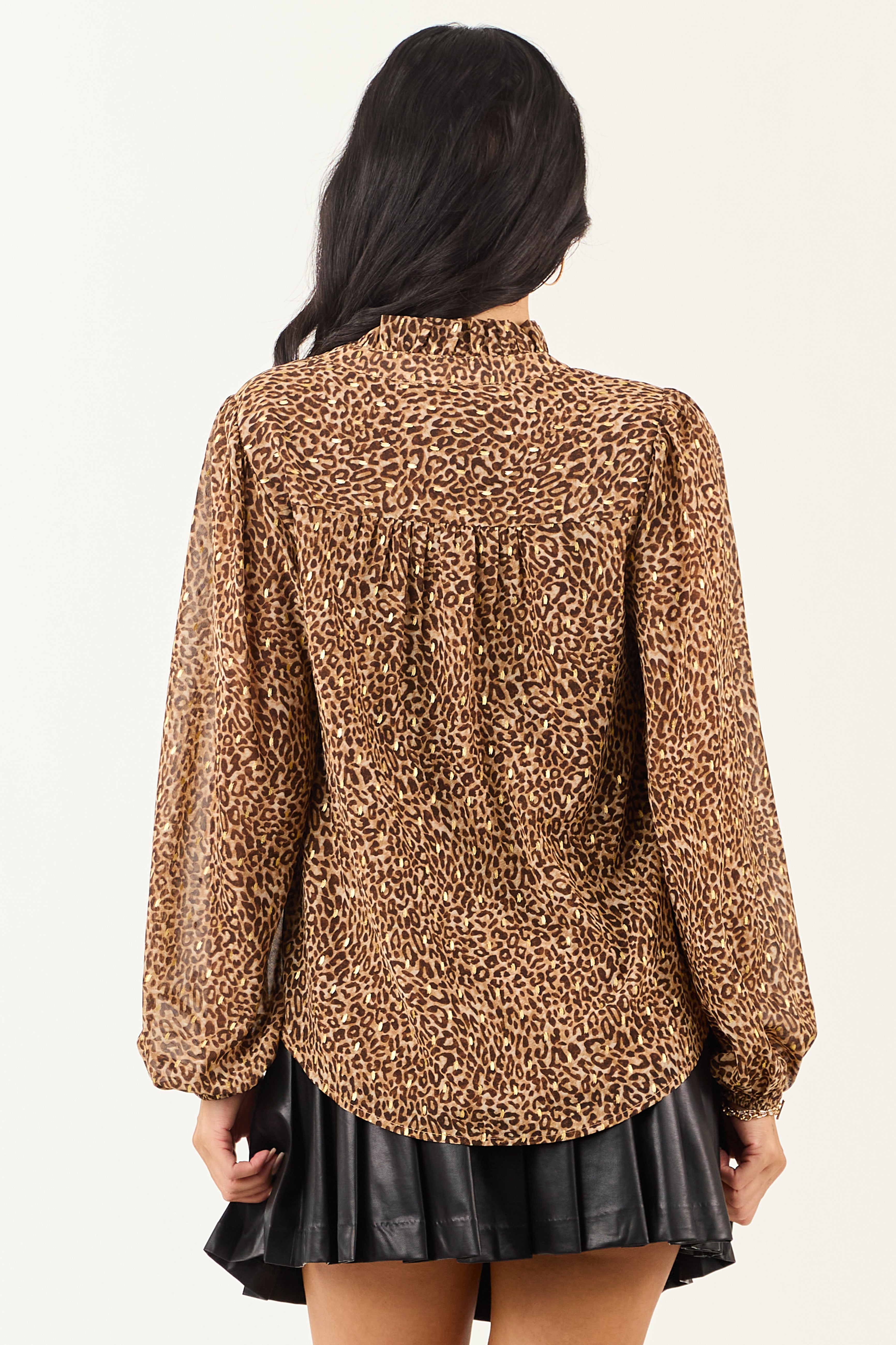 Sepia Leopard Print Long Sleeve Frilled Top