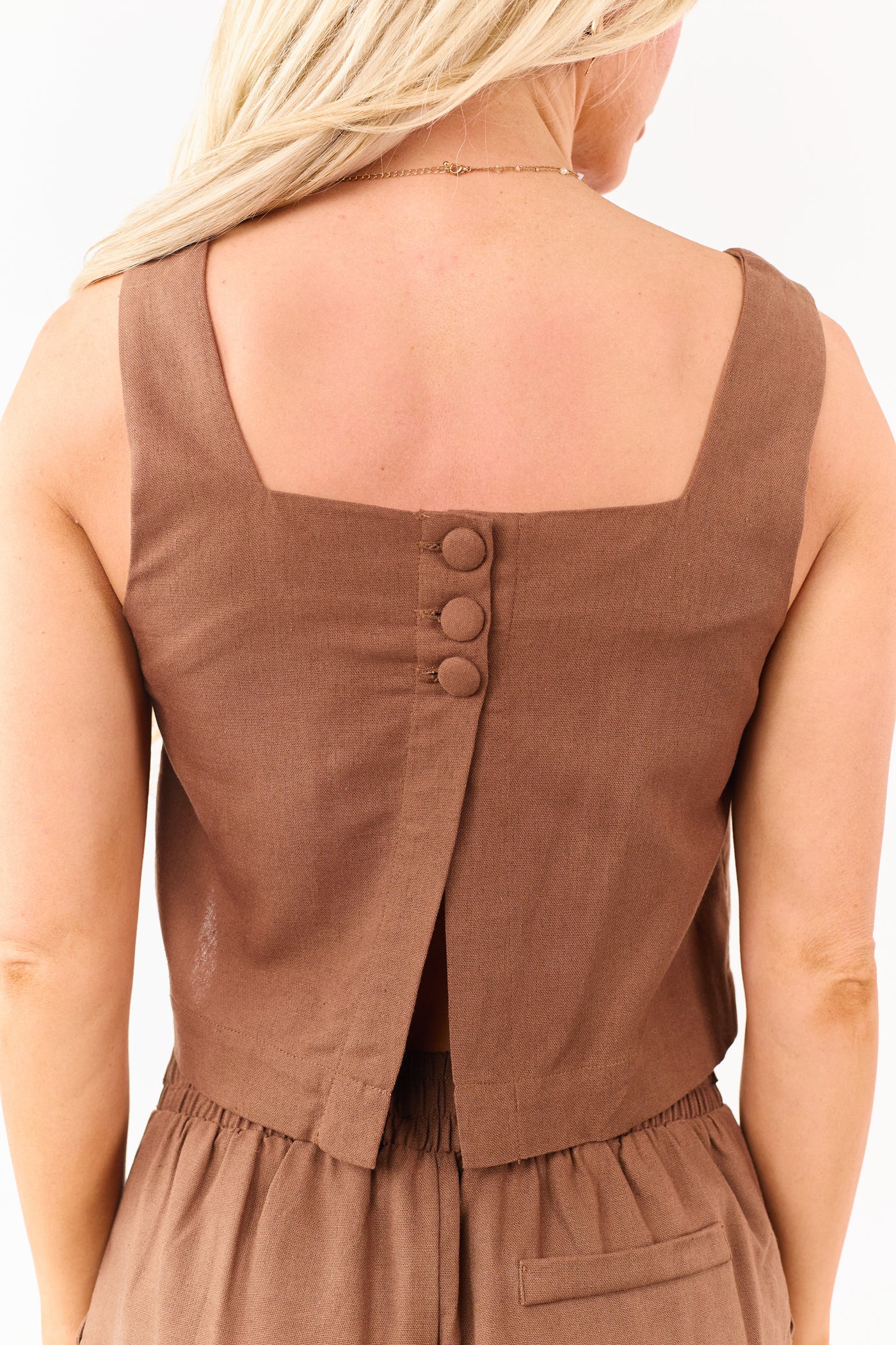 Sepia Linen Blend Vest Style Tank Top