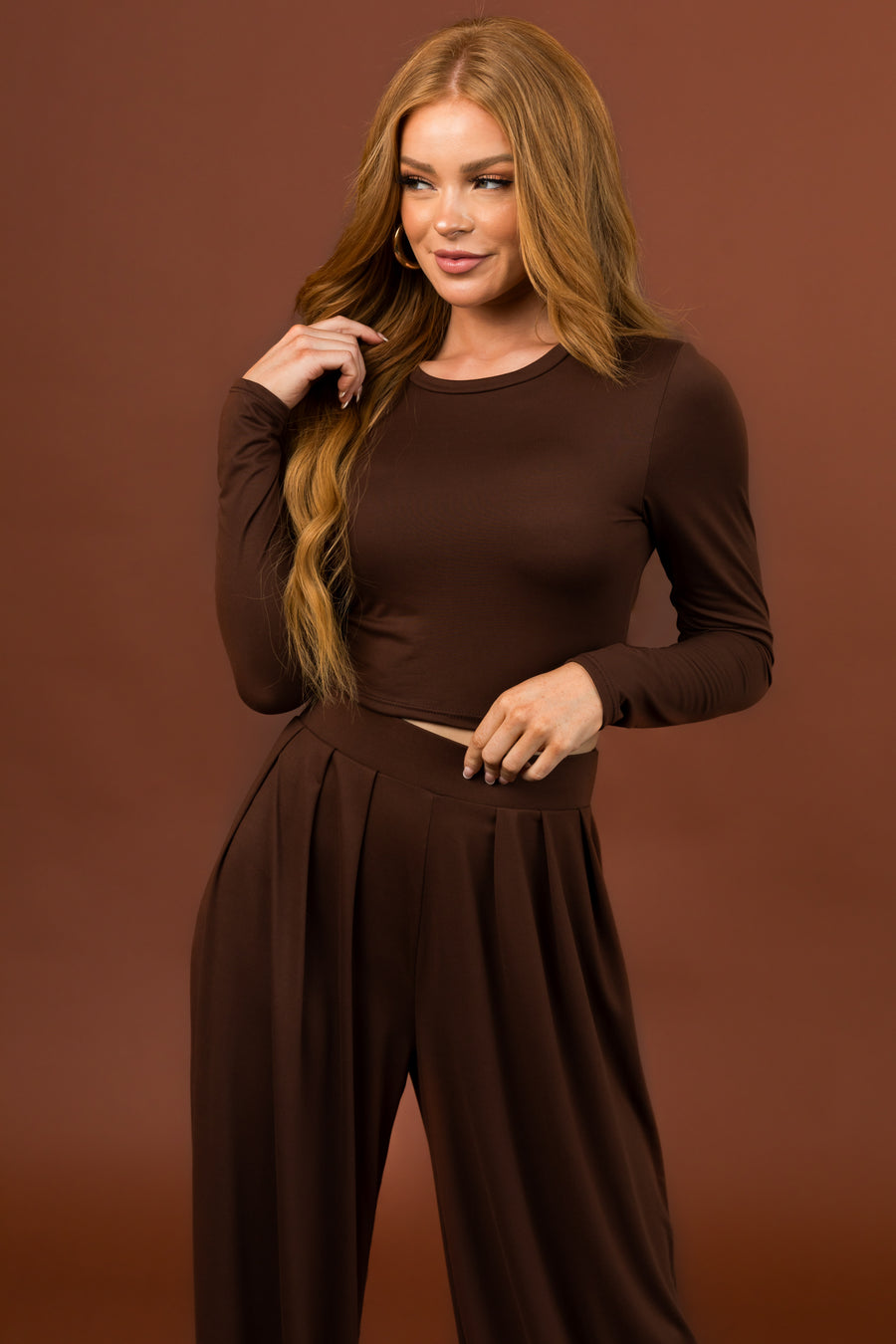 Sepia Long Sleeve Crop Top and Wide Pants Set