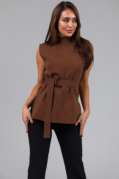 Sepia Mock Neck Belted Ribbed Knit Top