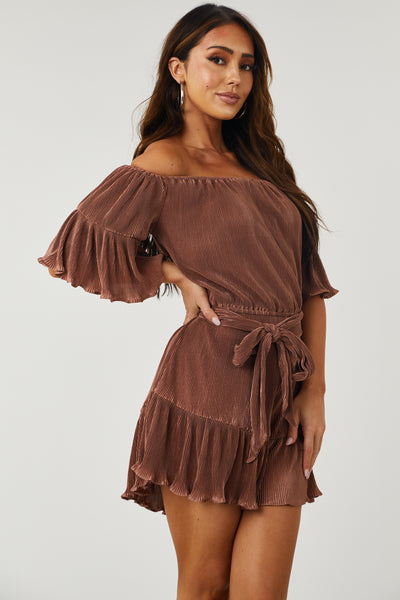 Sepia Off Shoulder Plisse Romper with Waist Tie
