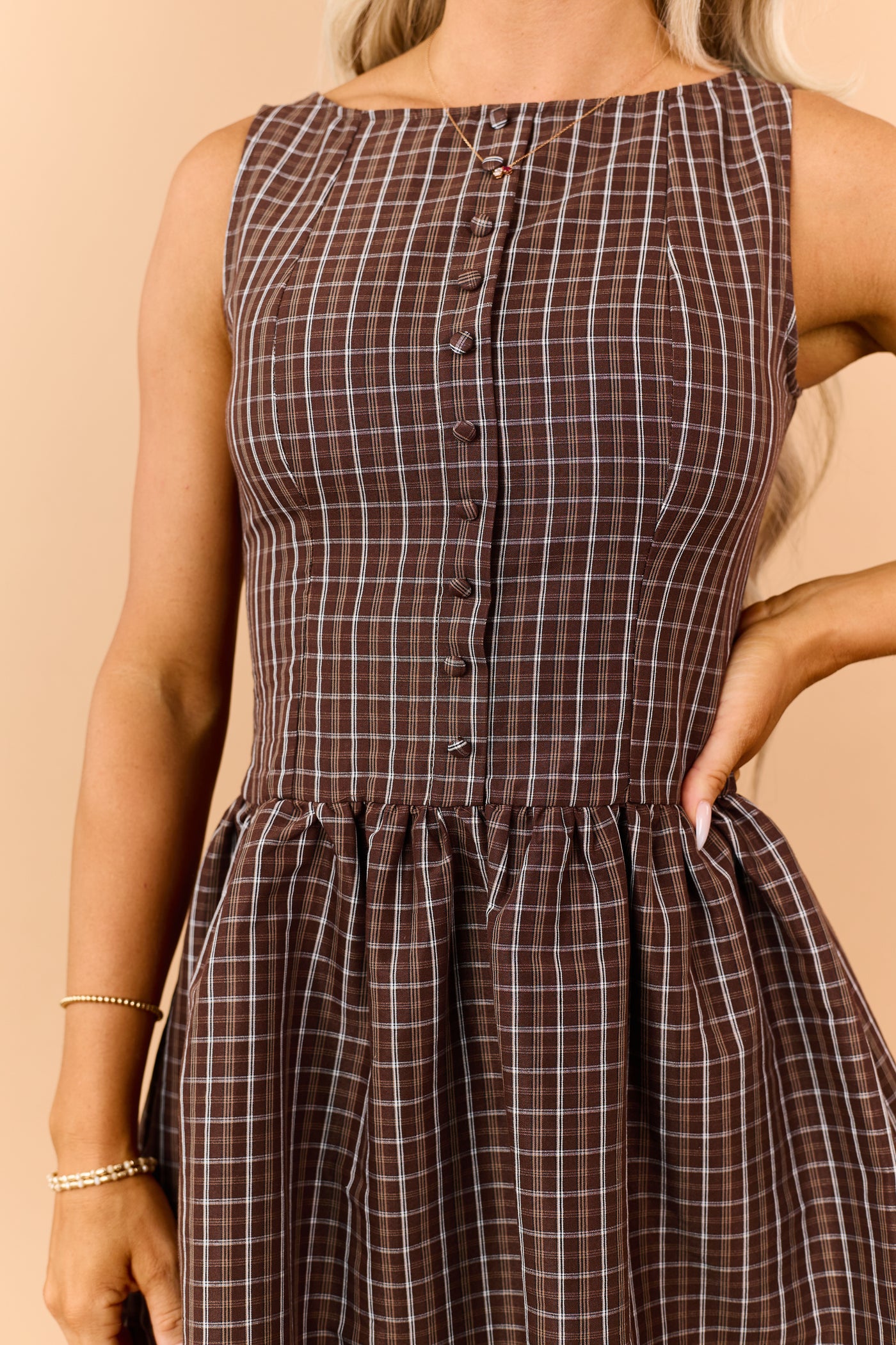Sepia Plaid Buttoned Sleeveless Mini Dress