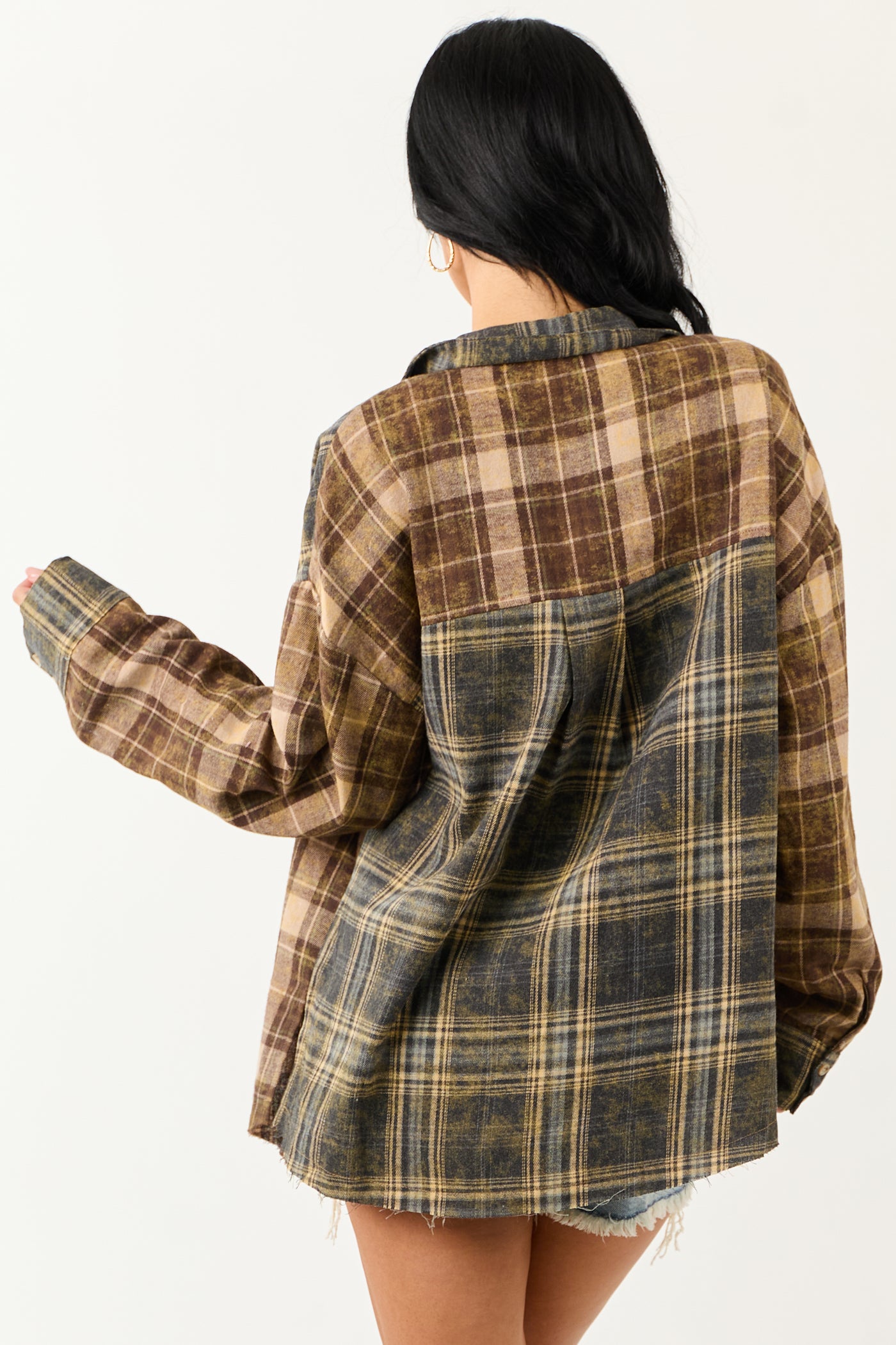 Sepia Plaid Flannel Button Down Long Sleeve Top