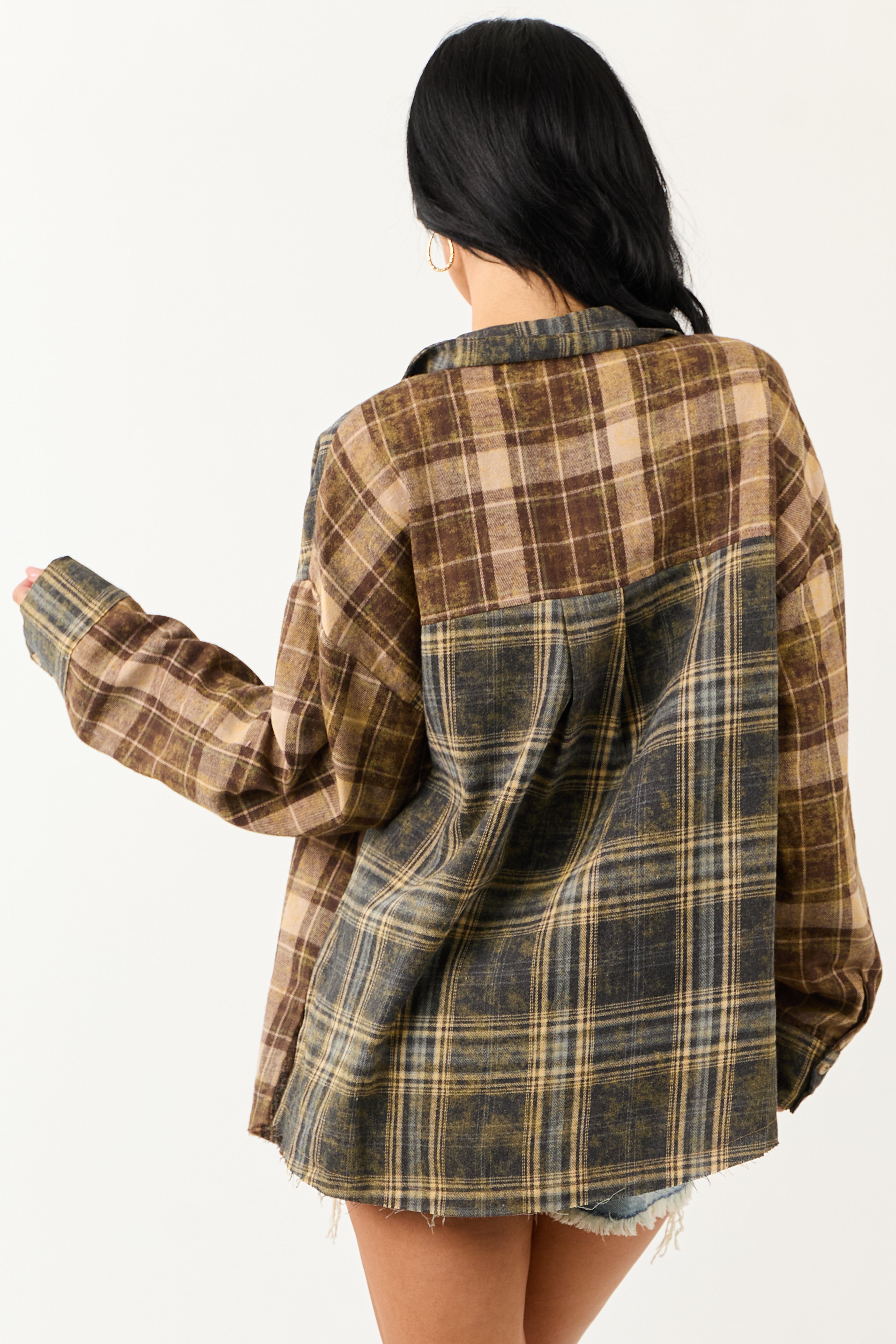 Sepia Plaid Flannel Button Down Long Sleeve Top