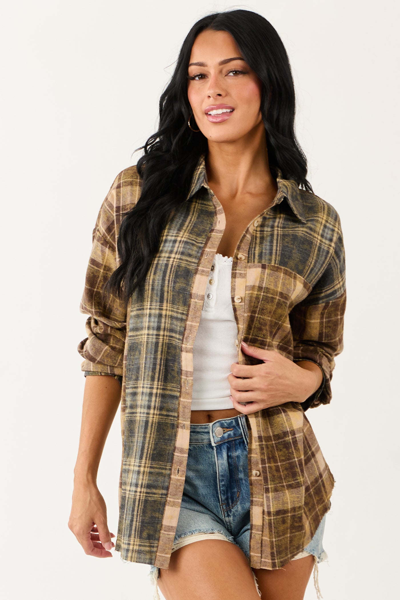 Sepia Plaid Flannel Button Down Long Sleeve Top