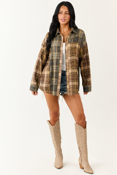 Sepia Plaid Flannel Button Down Long Sleeve Top