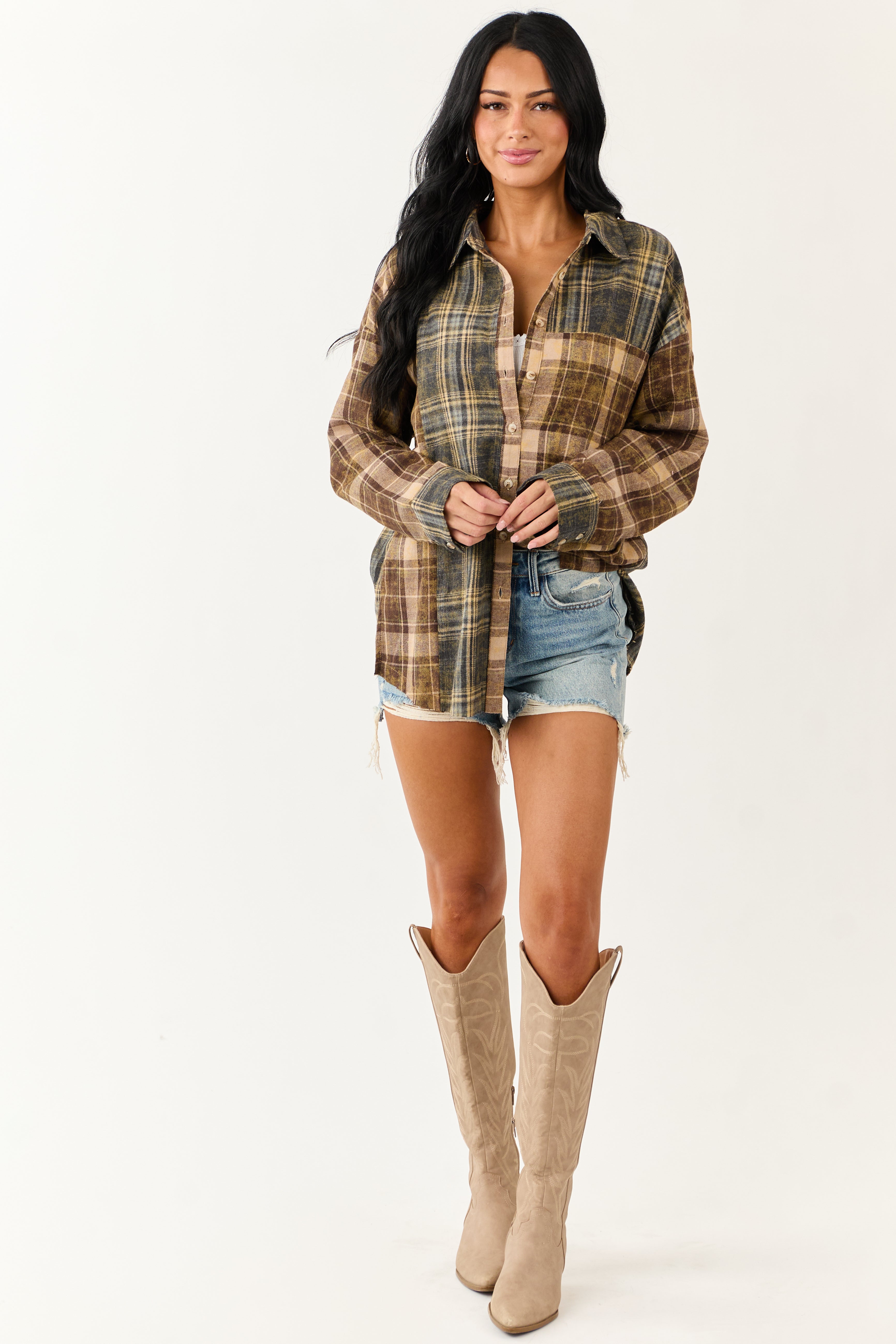 Sepia Plaid Flannel Button Down Long Sleeve Top