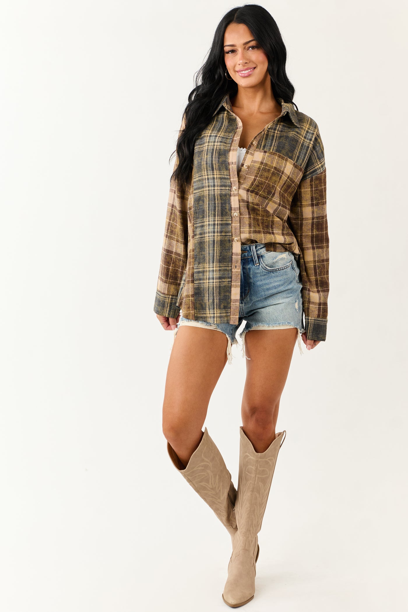 Sepia Plaid Flannel Button Down Long Sleeve Top