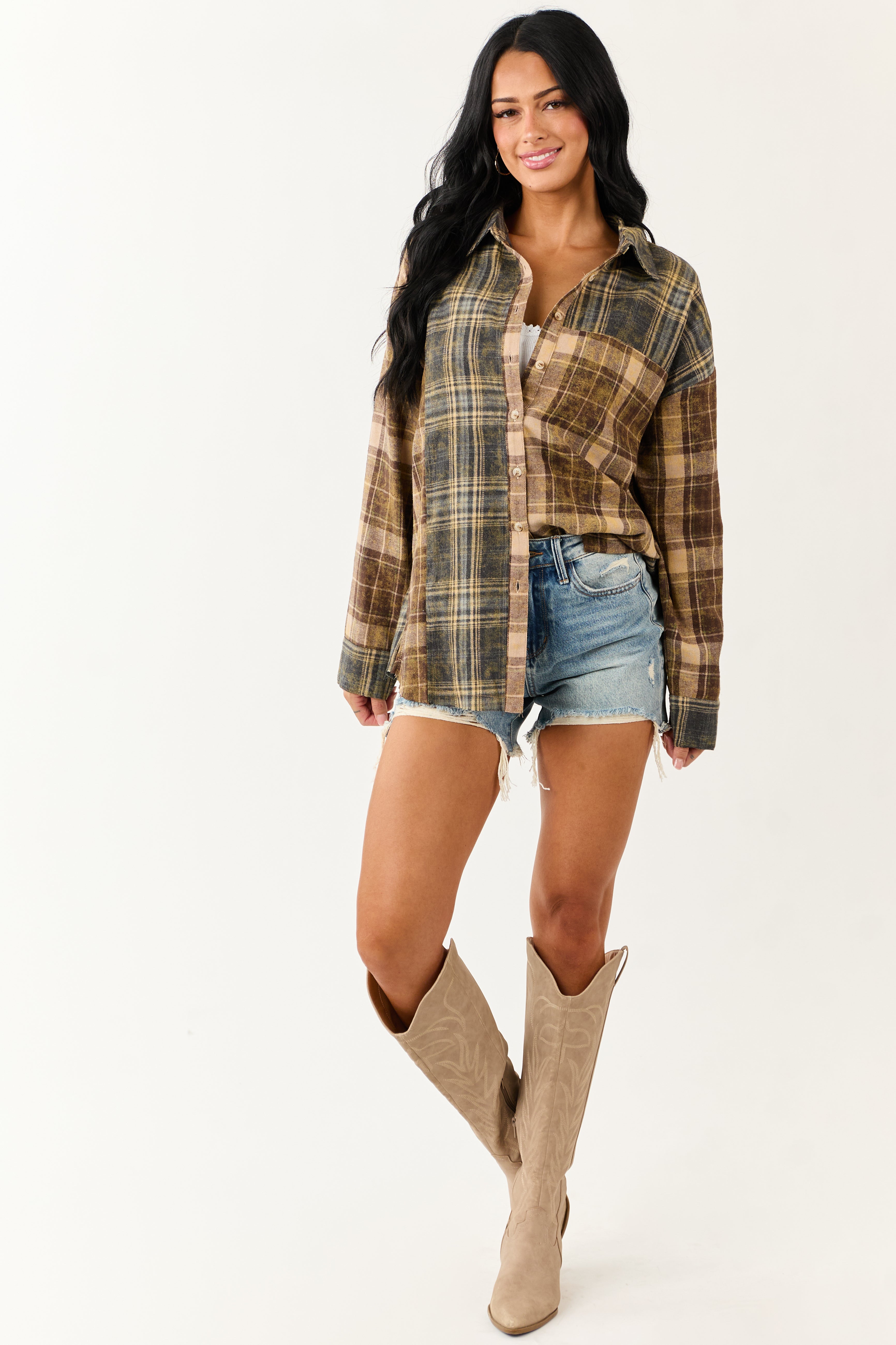 Sepia Plaid Flannel Button Down Long Sleeve Top