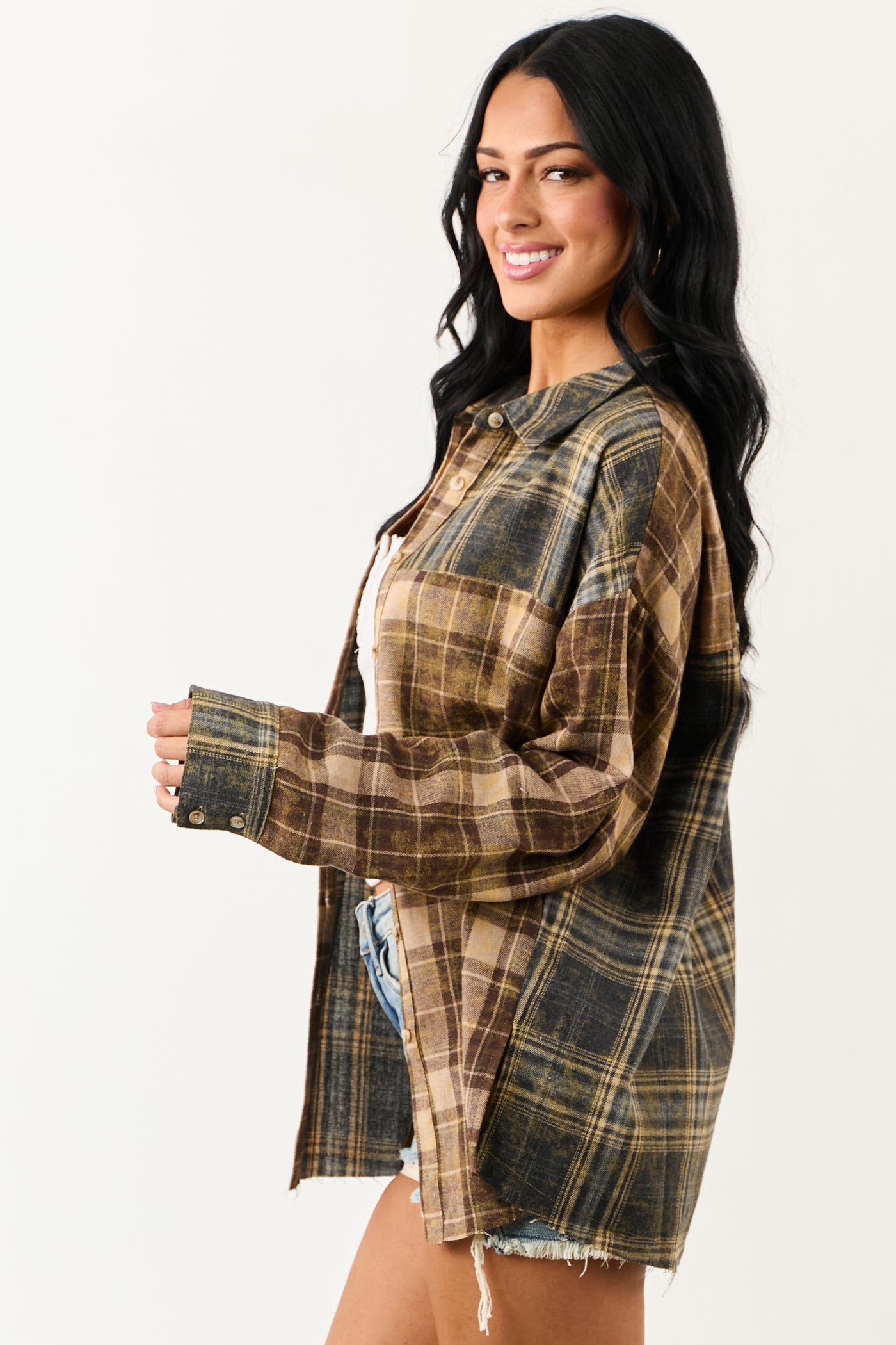 Sepia Plaid Flannel Button Down Long Sleeve Top