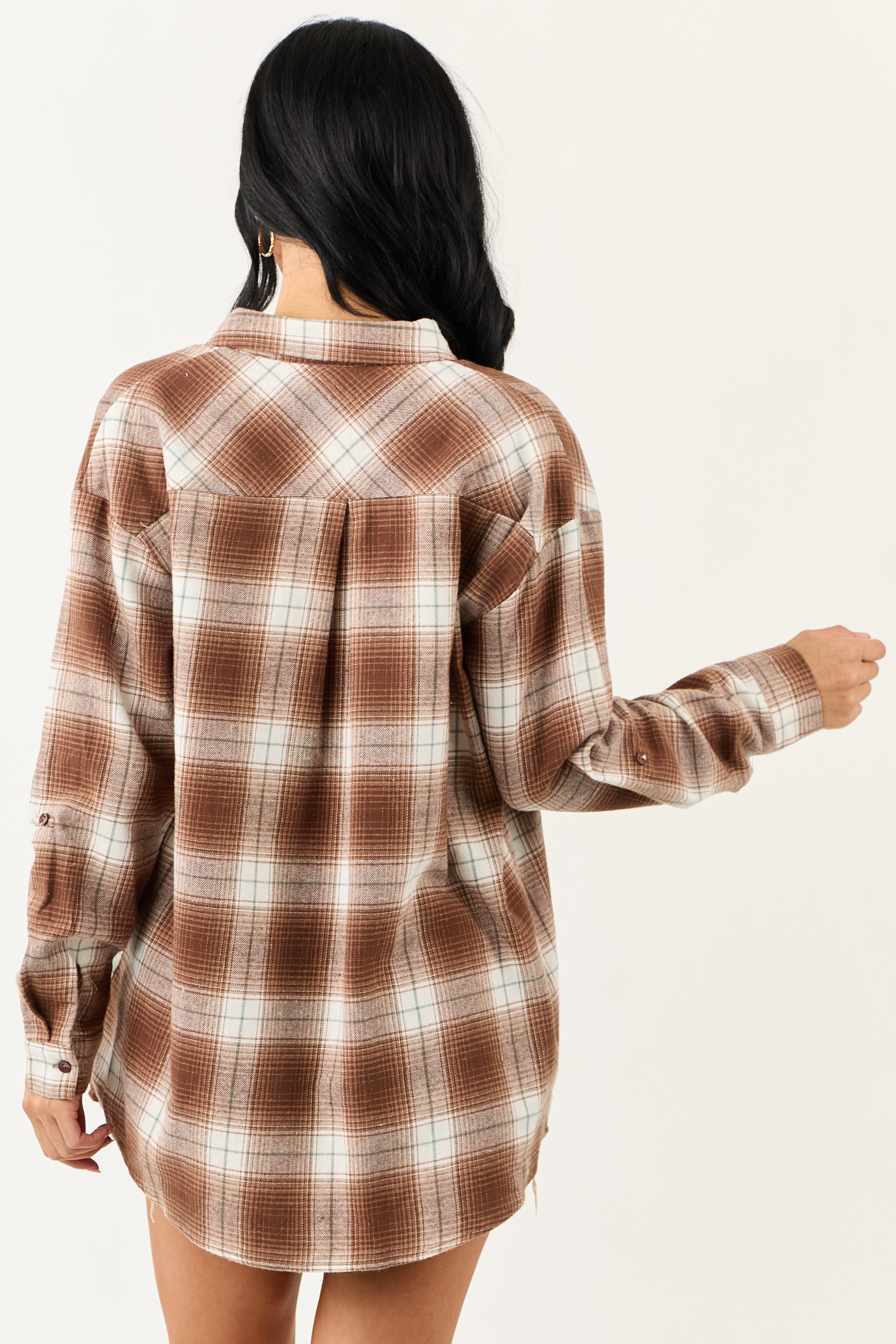 Sepia Plaid Flannel Long Sleeve Cotton Top