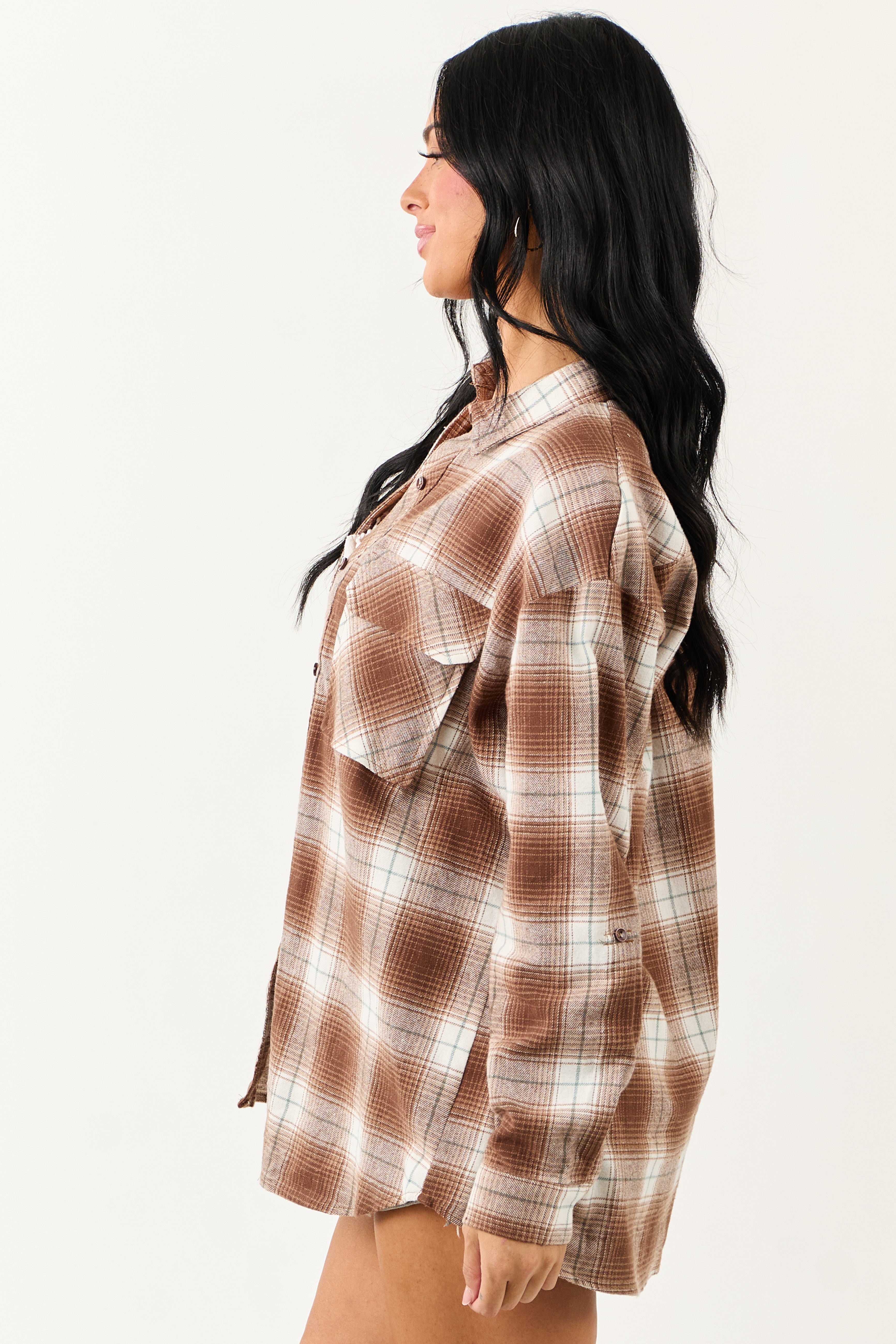Sepia Plaid Flannel Long Sleeve Cotton Top