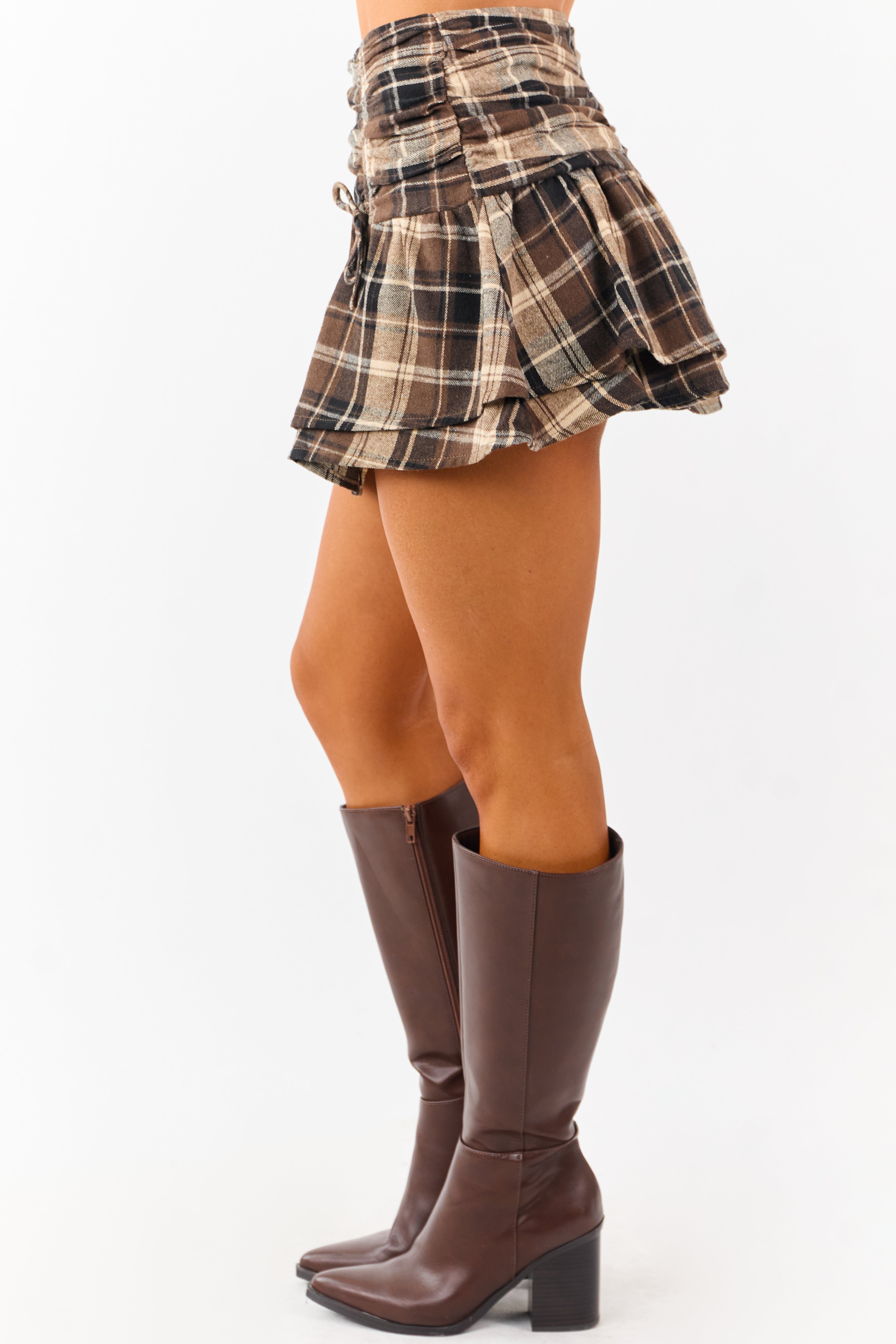 Sepia Plaid Ruched Tiered Layered Mini Skort