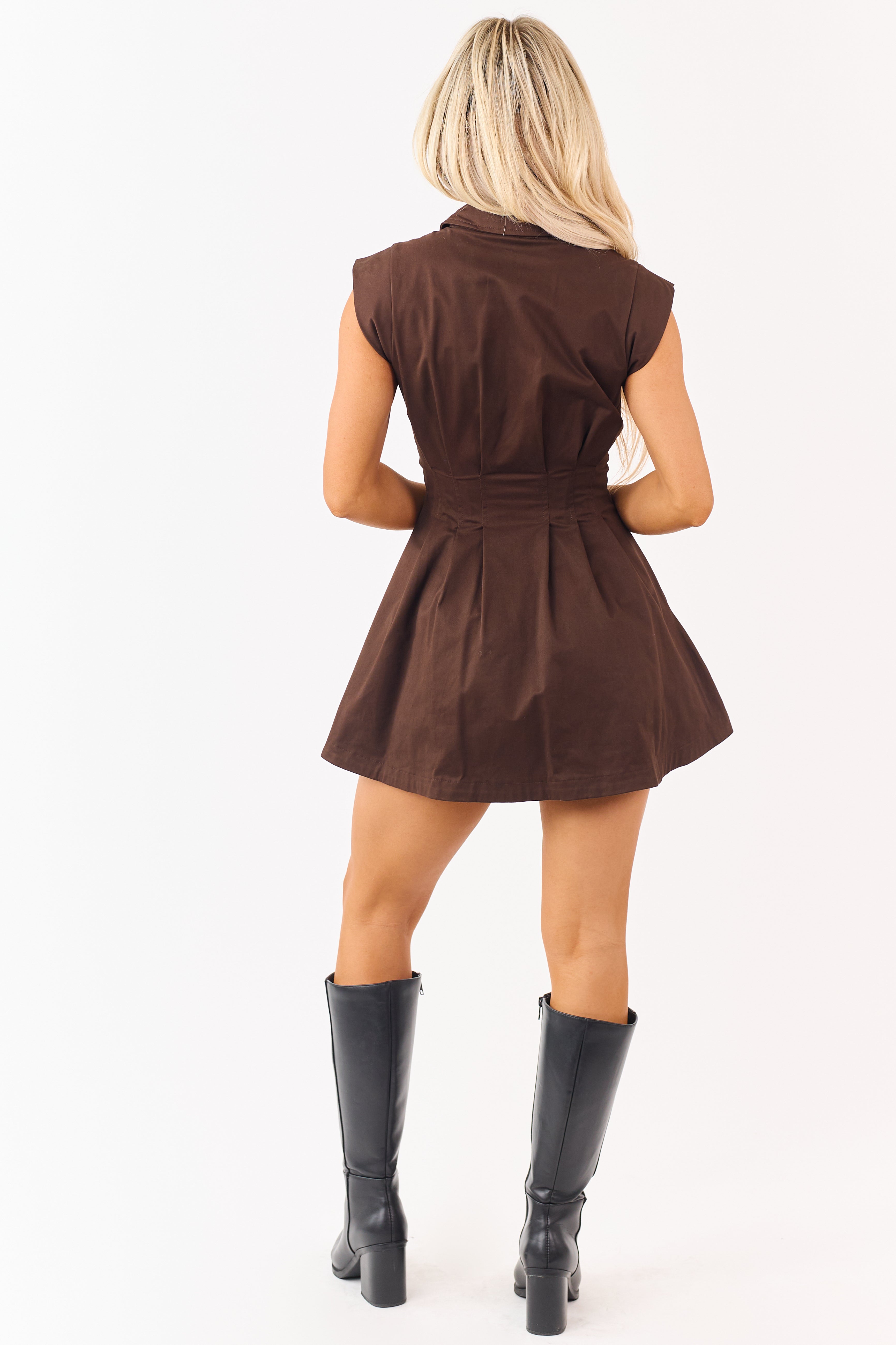 Sepia Pleated Zip Up Cap Sleeve Mini Dress